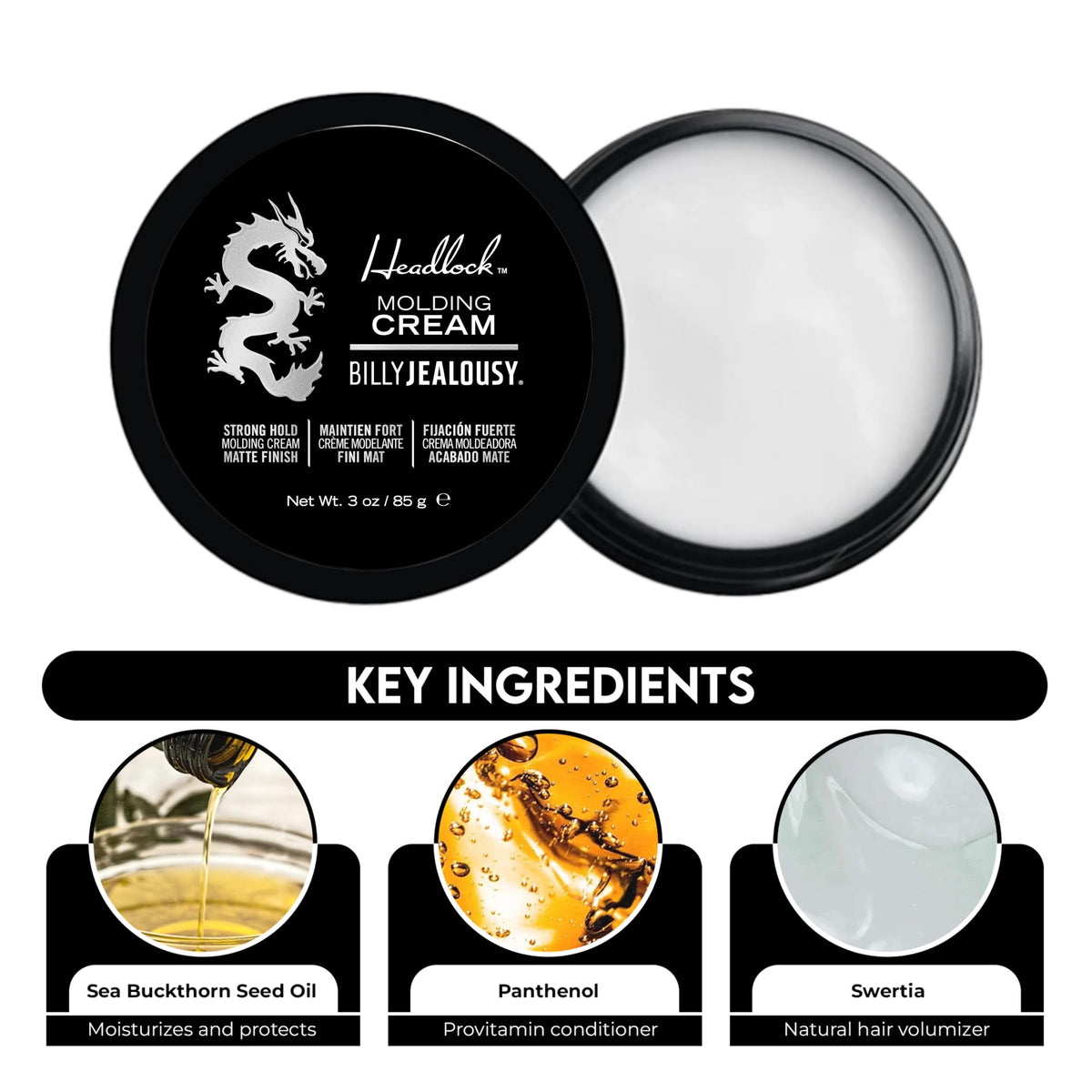 White Smoke Billy Jealousy Headlock Hair Molding Cream, Hair Styling Cream for Men with Strong All-Day Hold, Natural Matte Finish Styling Agent for All Lengths, 3 Ounce