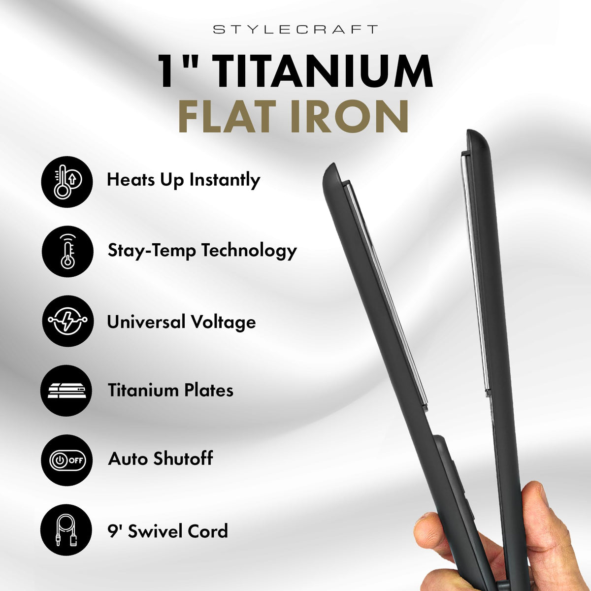 White Smoke StyleCraft Stay Temp Professional 1" Titanium Flat Iron Hair Straightener
