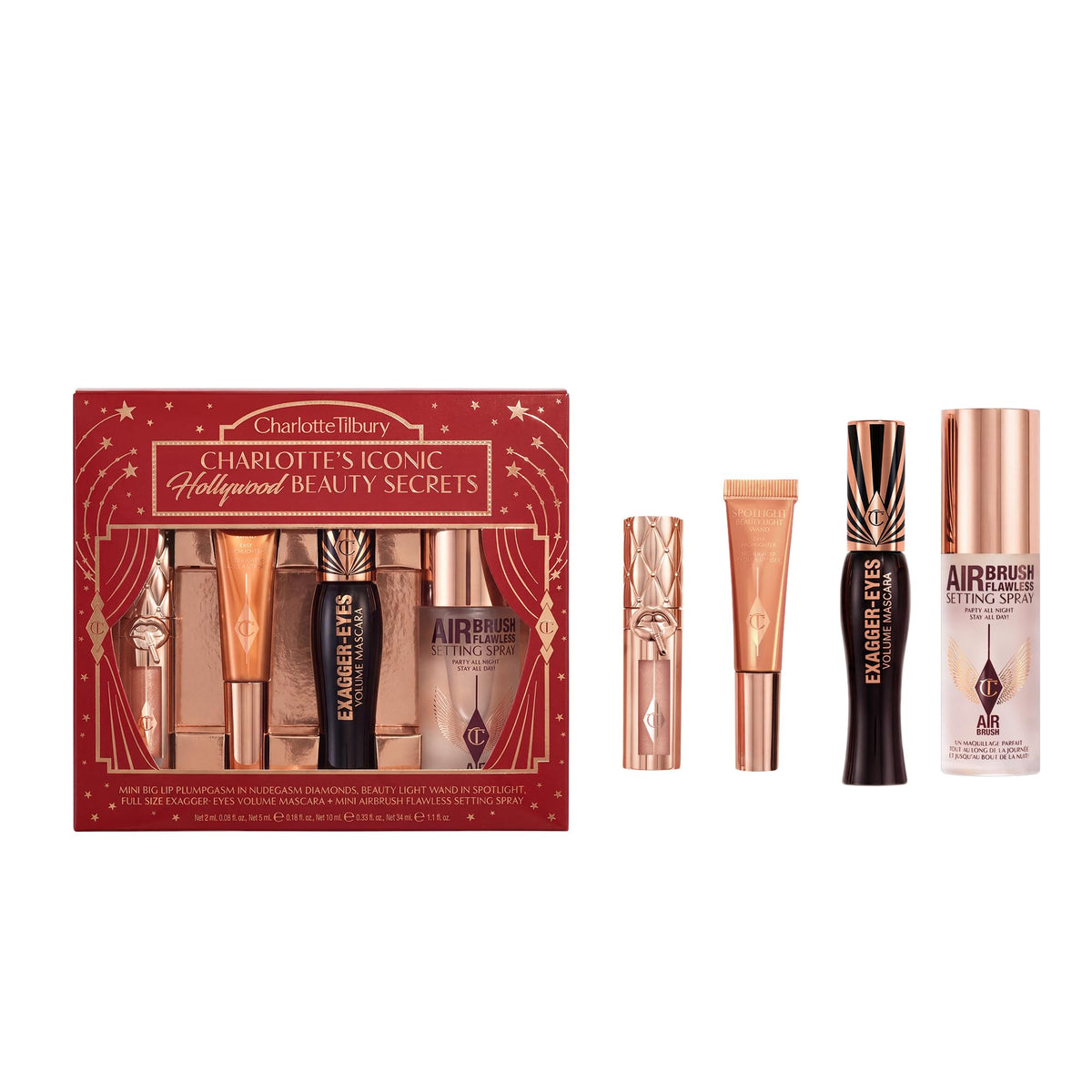 White Smoke Charlotte Tilbury Iconic Hollywood Beauty Secrets, 4-Piece Makeup Gift Set with Mascara, Lip Plumper, Blush & Setting Spray