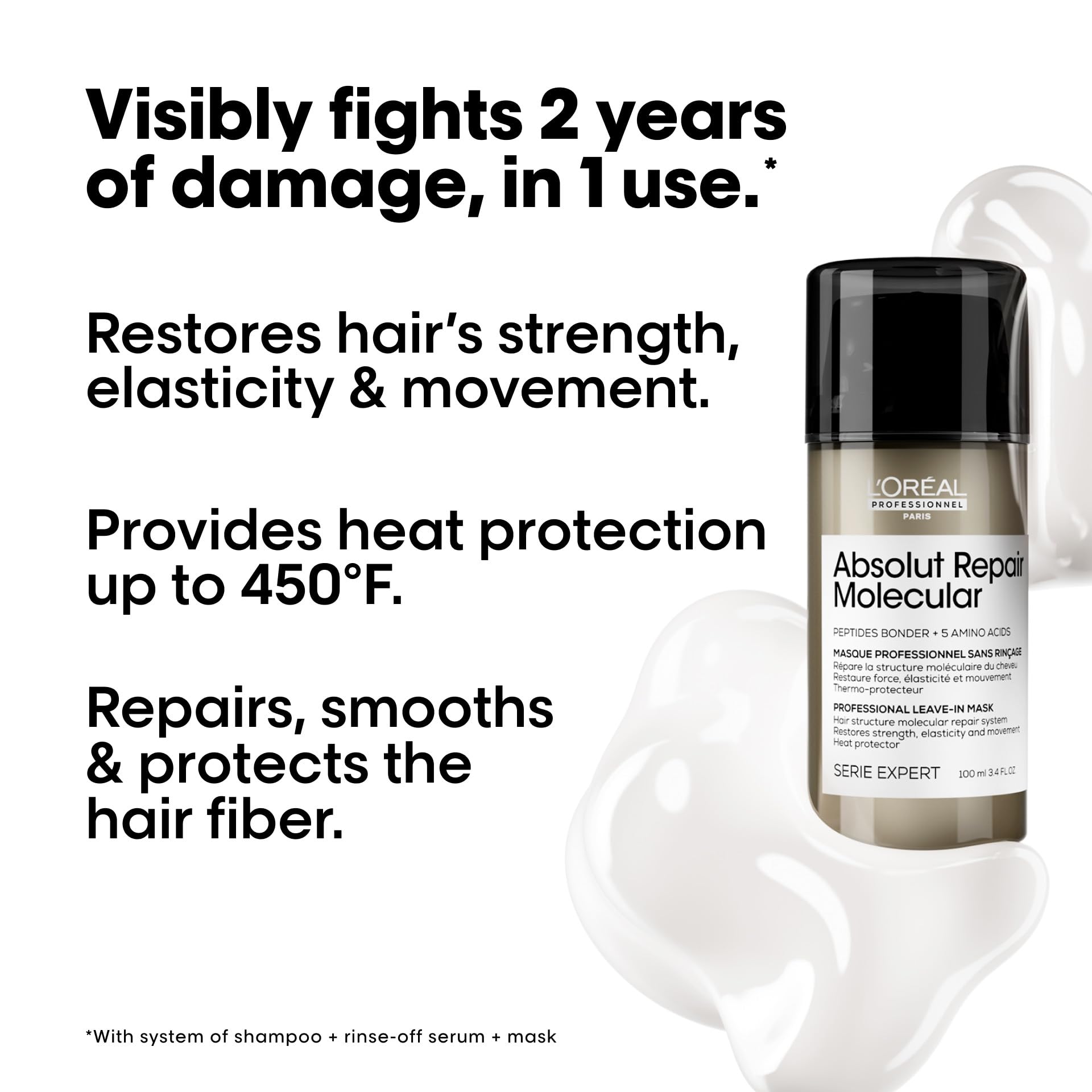 White Smoke L'Oréal Professionnel Paris Absolut Repair Molecular Leave In Mask - Smooths and Strengthens Hair For All Damaged Hair Types, Provides Heat Protection
