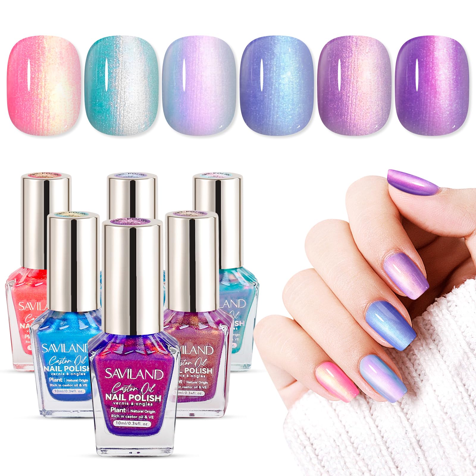 White Smoke SAVILAND 6pcs Ombre Nail Polish Sets: Charm Pink Blue Gold Purple Pearl Summer Fingernail Polish Colors Air Quick Dry Nail Polish Plant-base Castor Oil Natural Nail Lacquer Women Home Manicure DIY
