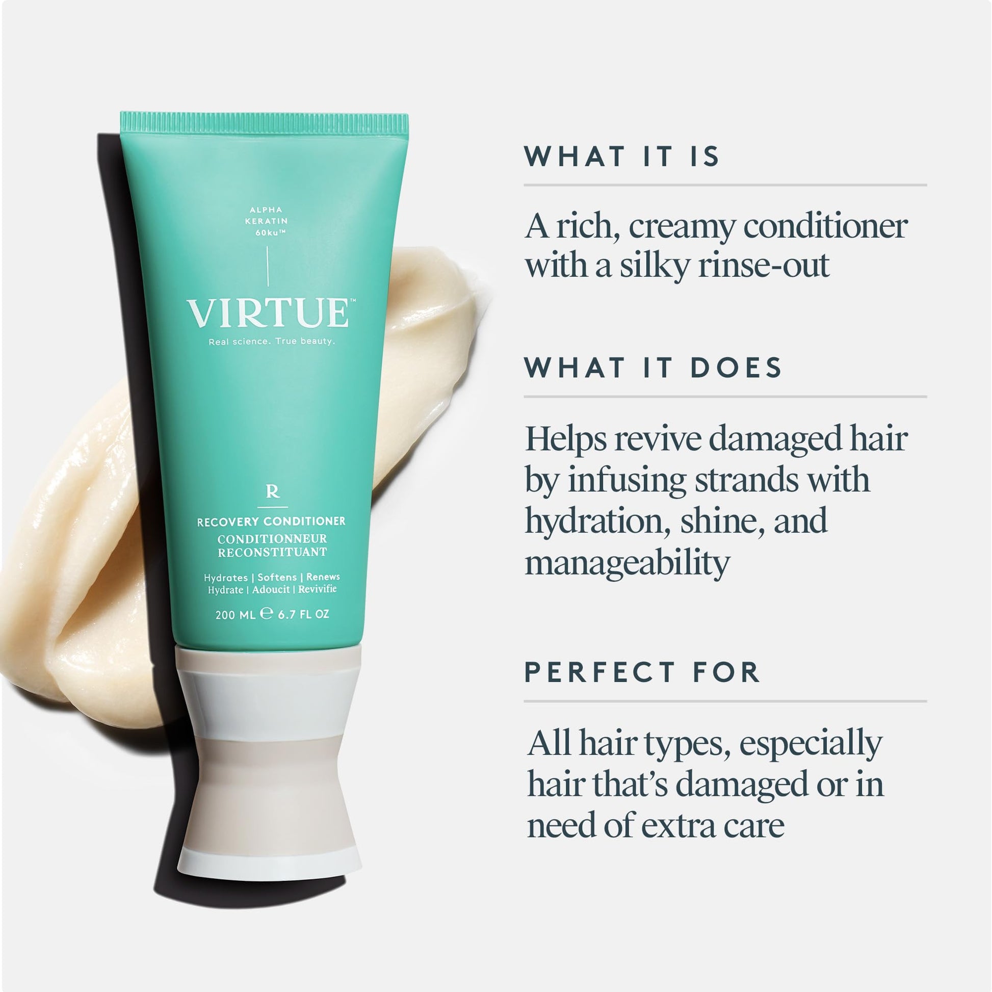 White Smoke VIRTUE Recovery Conditioner with Keratin Hydrates, Softens, and Renews Damaged Hair, Sulfate Free, Color Safe