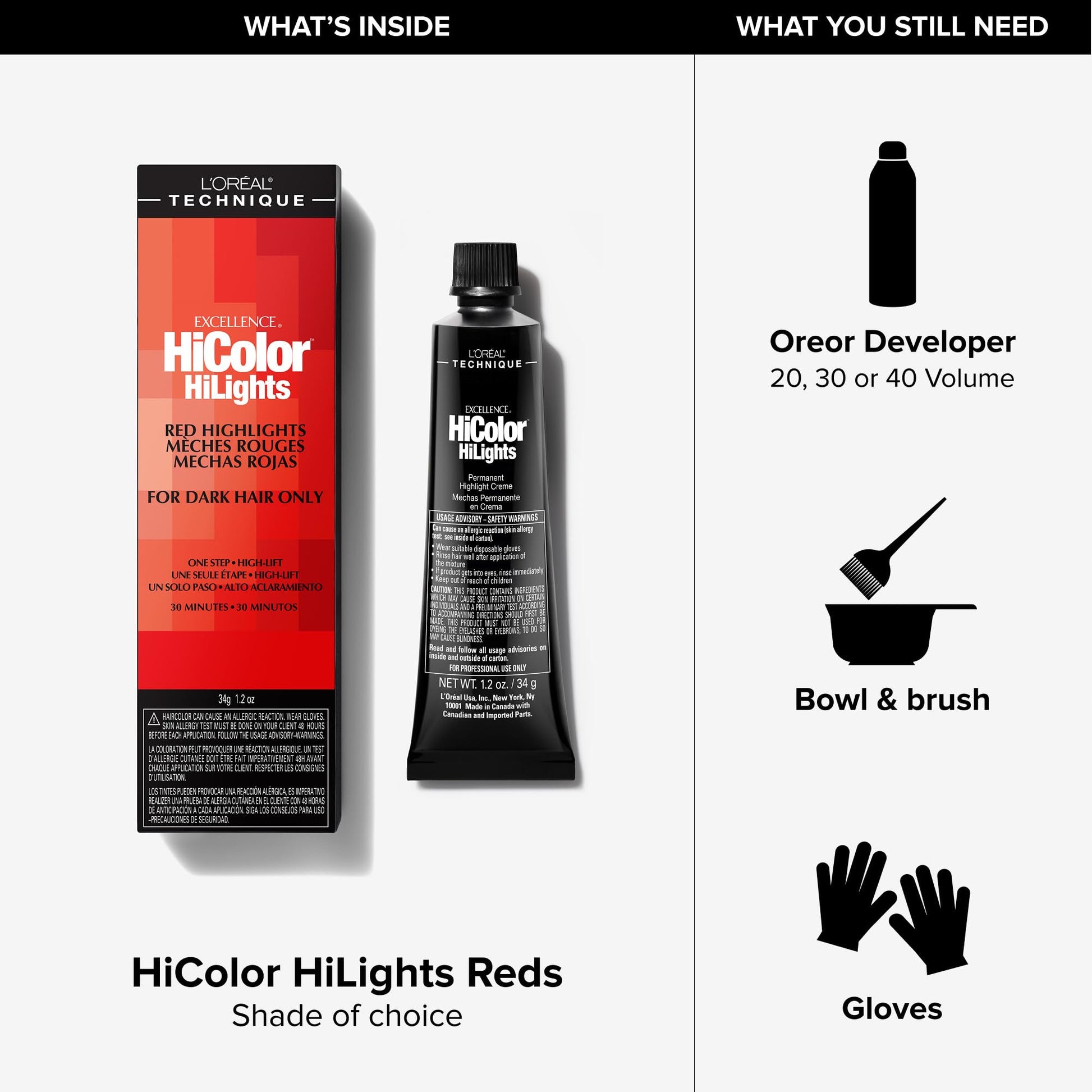 White Smoke L'Oréal Technique HiColor Red HiLights - Permanent Hair Color for Dark Hair, Intense Red Highlights, No Pre-Lightening Required, Rich, No-Drip Crème, Quick Processing Time, Magenta