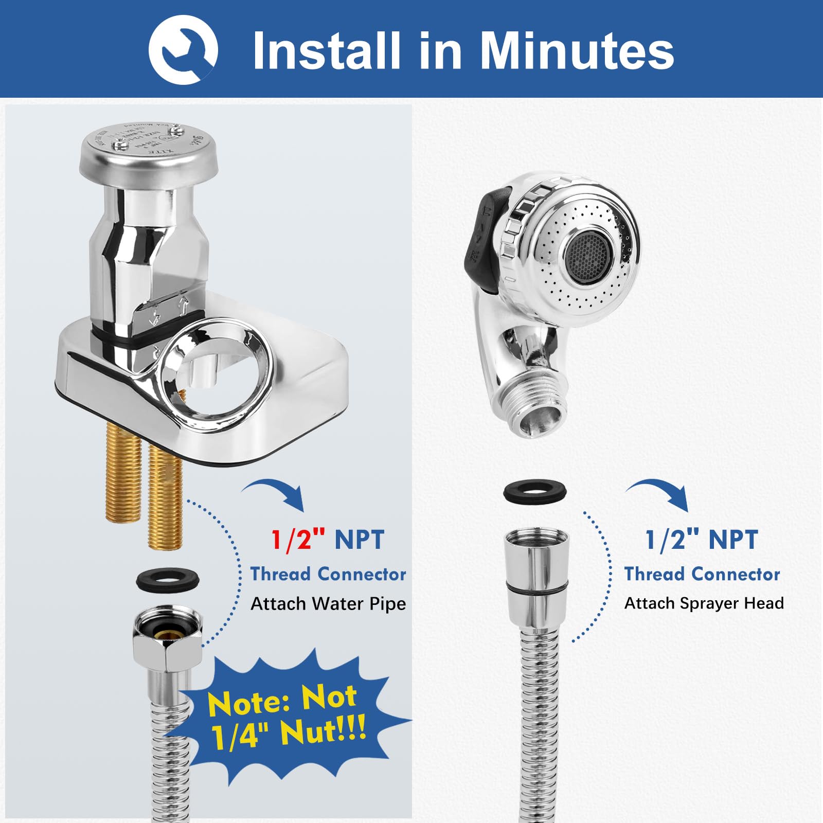 White Smoke Garaook G1/2" Connector Shampoo Bowl Hose Sprayer Kit, 47 Inch Stainless Steel Shampoo Hose with Compact Spray Head to Attach Shampoo Bowl Faucet Vacuum Breaker Kit for Salon Sink & Shampoo Bowl