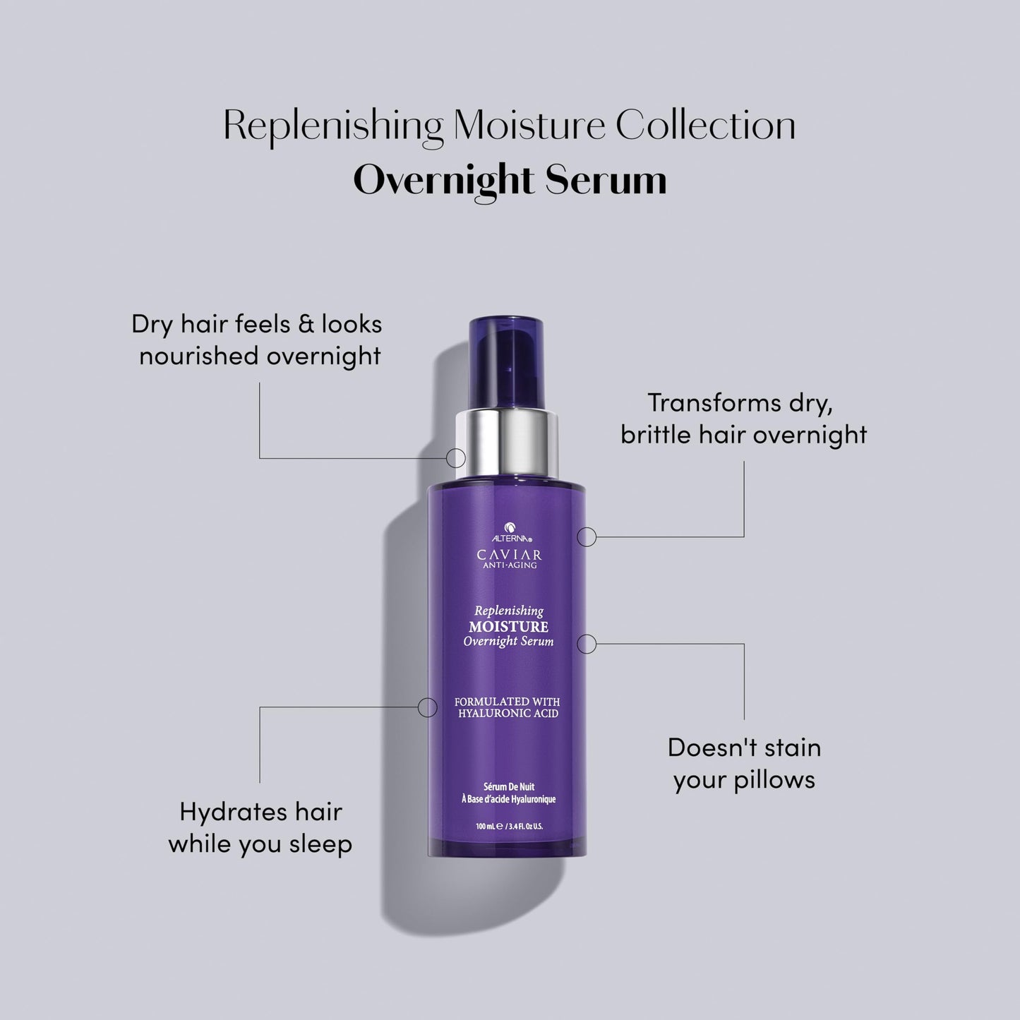 Light Gray Alterna Caviar Anti-Aging Replenishing Moisture Overnight Serum 3.4oz | Leave In Hair Treatments for Dry, Damaged Hair |Nourishes, Restores with Humidity & Heat Protection