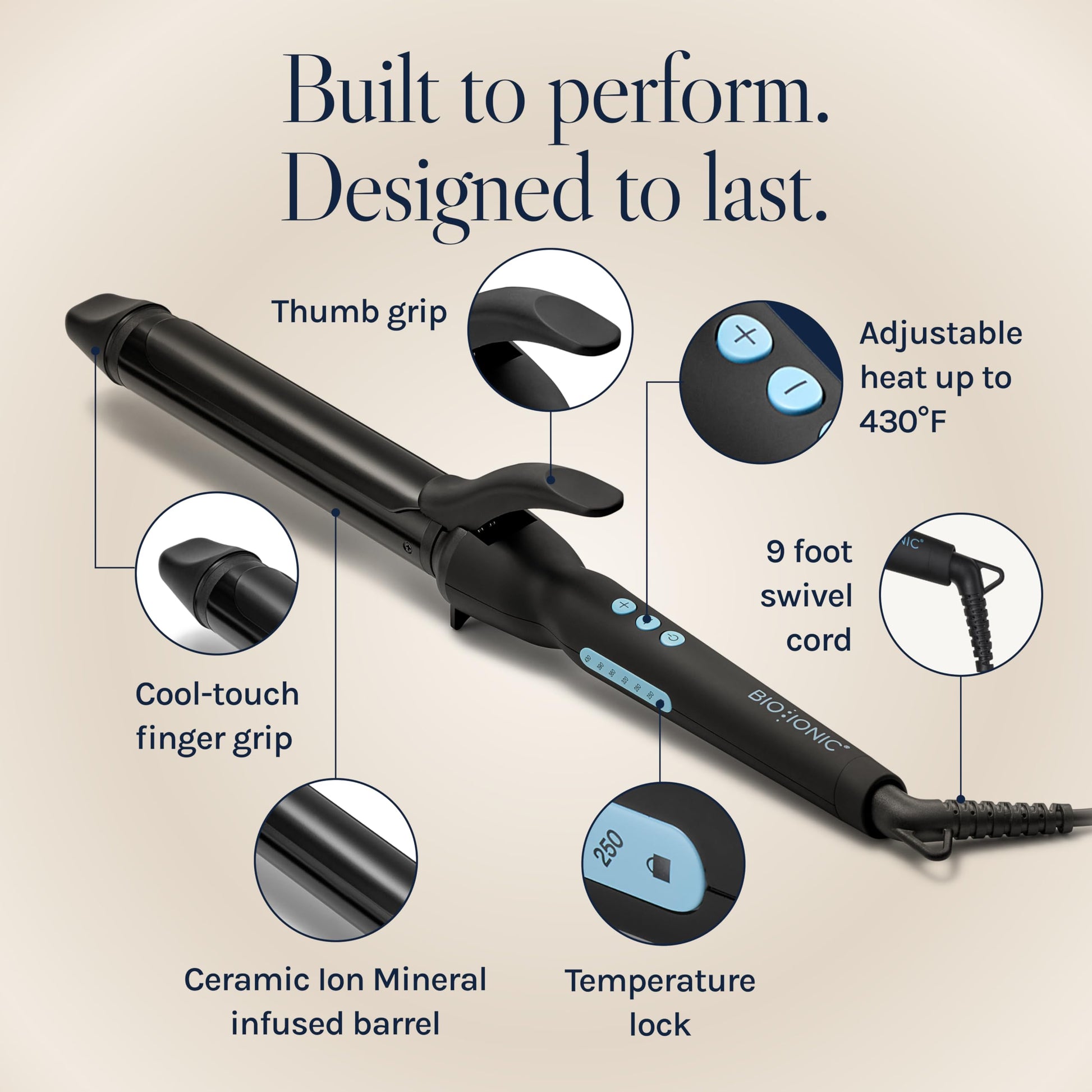 Antique White Bio Ionic Long Barrel Styler, 1.25 inch Extended Curling Iron with Moisture Heat Technology & NanoIonic MX, Versatile Curling Wand with Longer Barrel for Medium Sized Defined Curls
