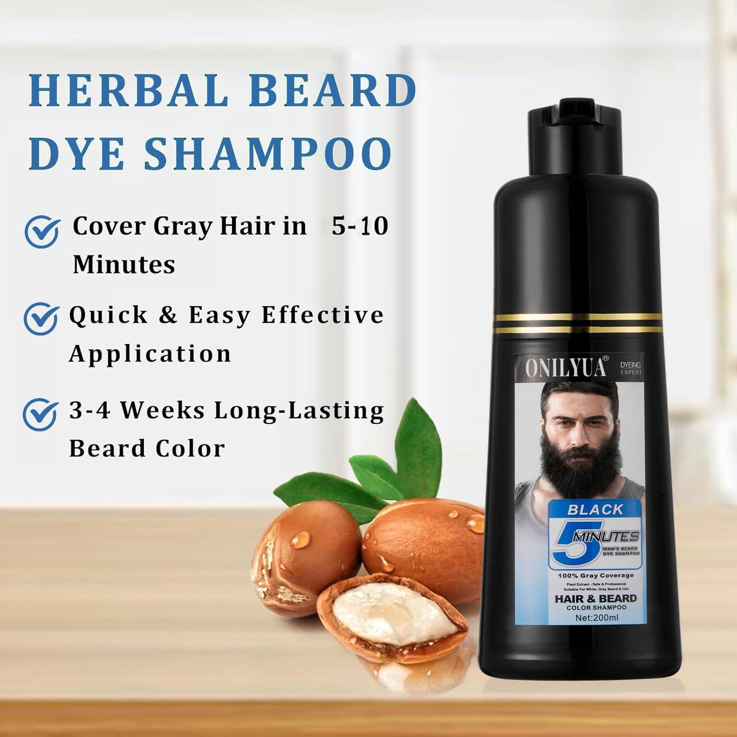 Lavender Men's Black Beard and Hair Dye Shampoo 3 in 1 - Long-Lasting Herbal Coloring for Gray Hair, Mustache & Beard in Minutes, 6.76 Fl Oz