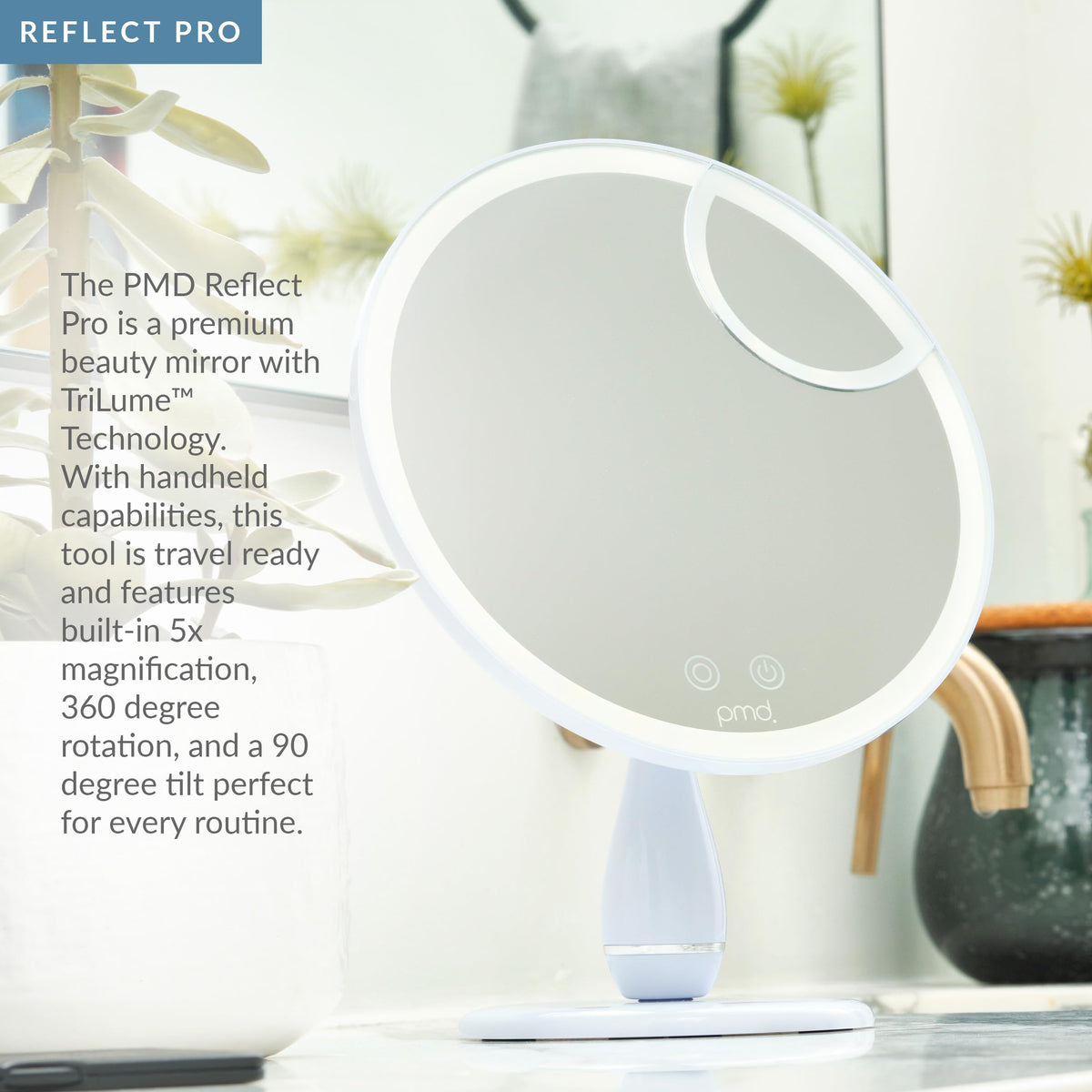 Lavender PMD Beauty LED Makeup Mirror with Lights - TriLume Technology - Handheld Vanity Mirror - Three Modes, 360° Rotation, 5X Magnification, Travel Ready - with Review Serum