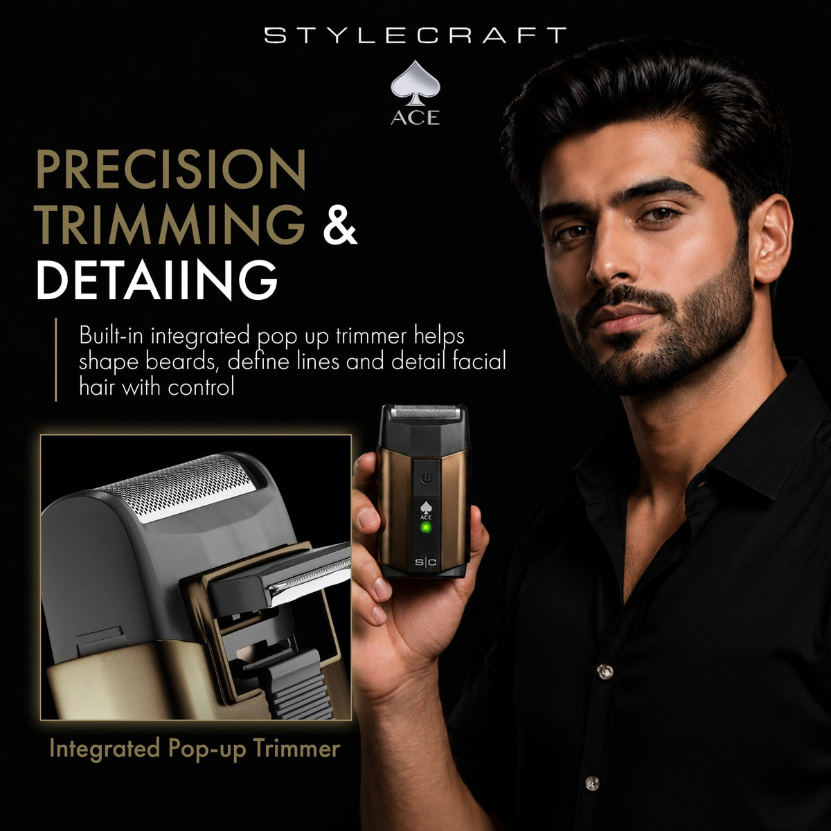 Black StyleCraft Ace Cordless Hair Clipper & Foil Shaver, Rotary Motor, USB-C