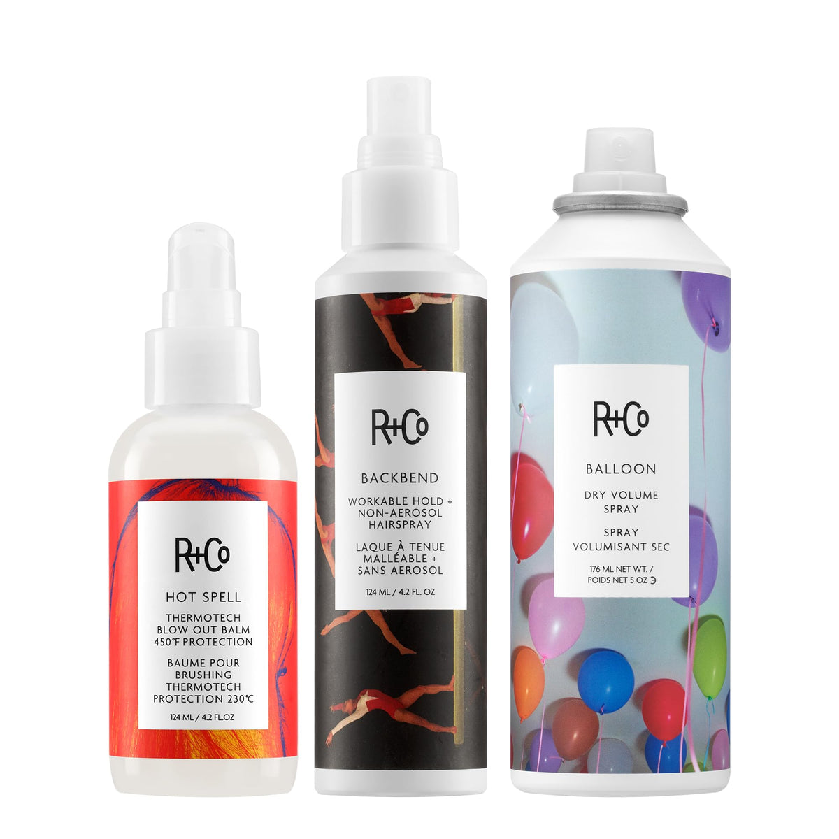 White Smoke R+Co HOT SPELL ThermoTech Blow Out Balm, BACKBEND Workable Hold Non-Aerosol Hairspray & BALLOON Dry Volume Spray Bundle – Heat Protect, Volume & Flexible Styling – Vegan & Cruelty-Free Hair Care