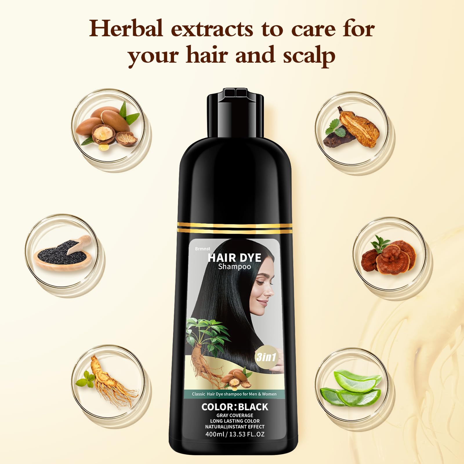 Seashell Black Hair Color Shampoo for 100% Gray Hair Coverage, 3 in 1 Black Hair Dye Shampoo for Women Men with Argan Oil Nourishing Scalp and Hair