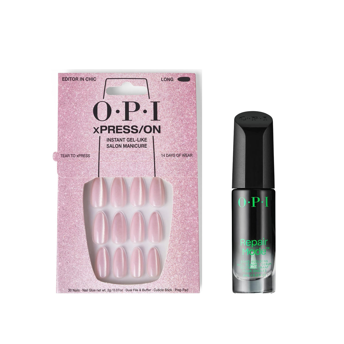 White Smoke Bundle of OPI xPress/ON Press On Nails, With Nail Glue, Long Baby Pink Velvet Almond Shape Nails, Editor in Chic + OPI Repair Mode Bond Building Nail Serum, Clear, 0.3 fl oz
