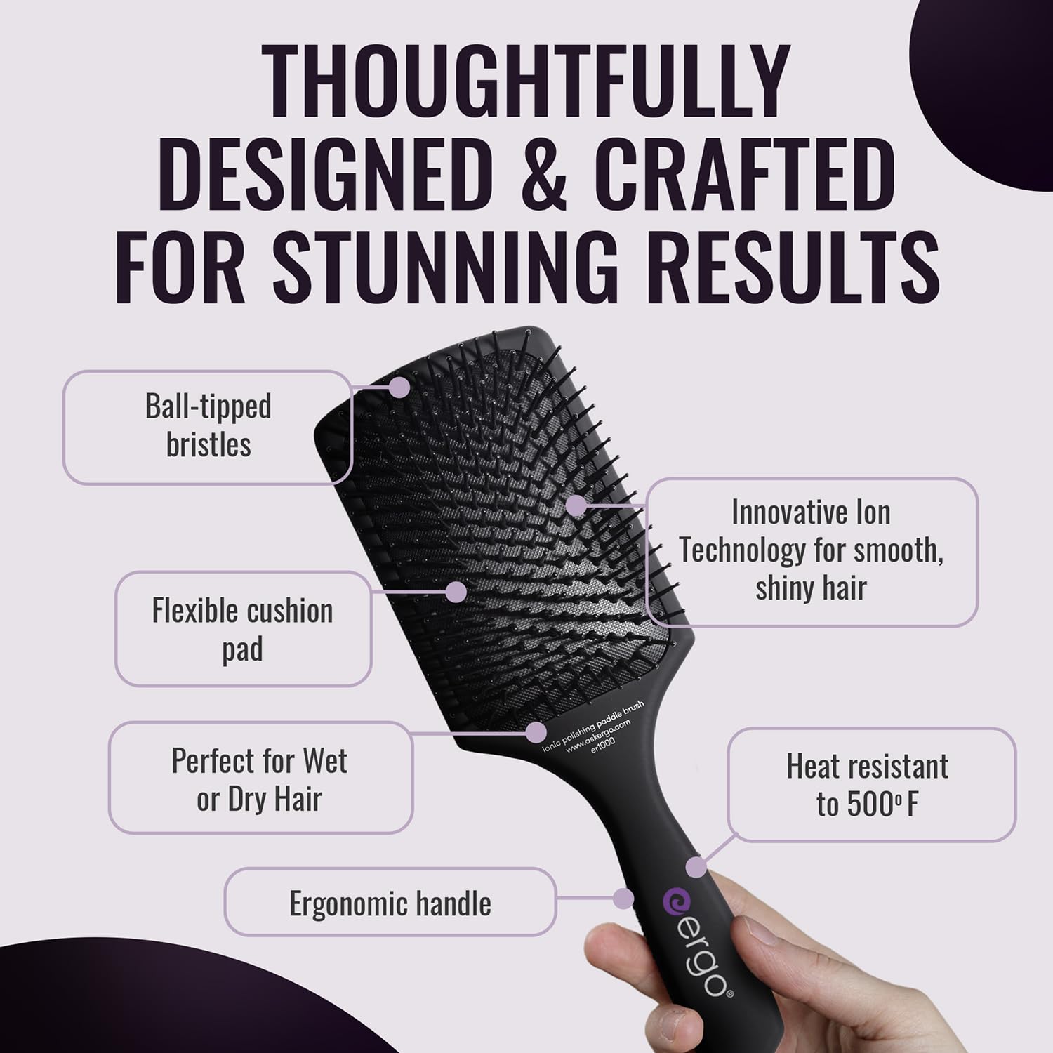 Lavender ERGO Ionic Paddle Hair Brush – Large Polishing Brush for Long-Lasting Shine, Detangling Brush for Wet & Dry Hair Care, Hair Styling Tool for Blow Drying (ER1000)