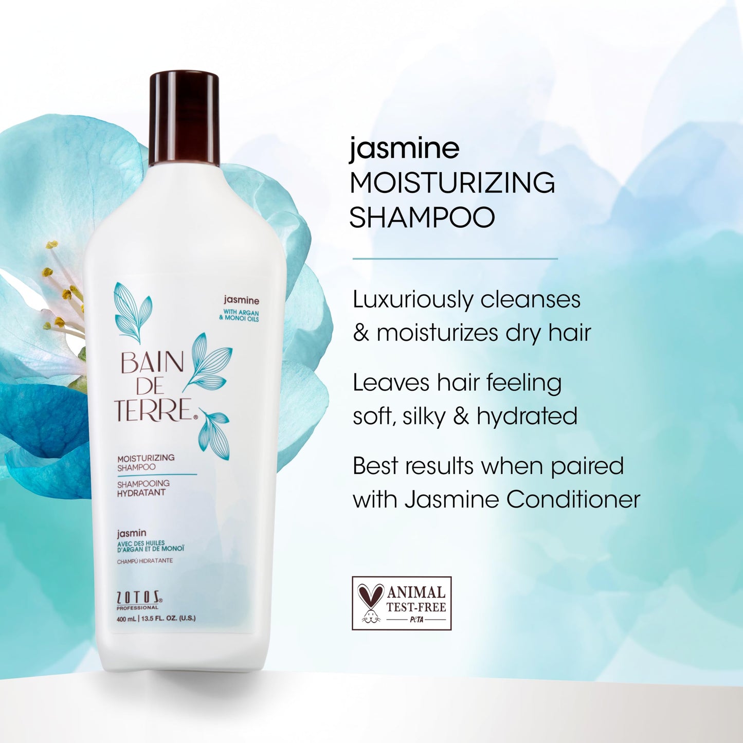 White Smoke Bain de Terre Jasmine Moisturizing Shampoo, Luxurious Hydration for Dry Hair with Argan & Monoi Oils, Paraben-Free, Color-Safe, Vegan, 13.5 Fl Oz