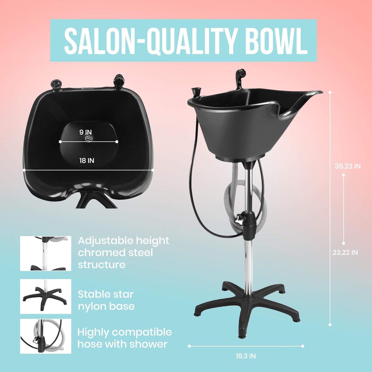 Light Blue Dompel Portable Shampoo Bowl – Washing Unit & Hair Sink for Salons, Home Care, Seniors & Disabled – Chrome Steel Structure, Adjustable Height, 22L Capacity
