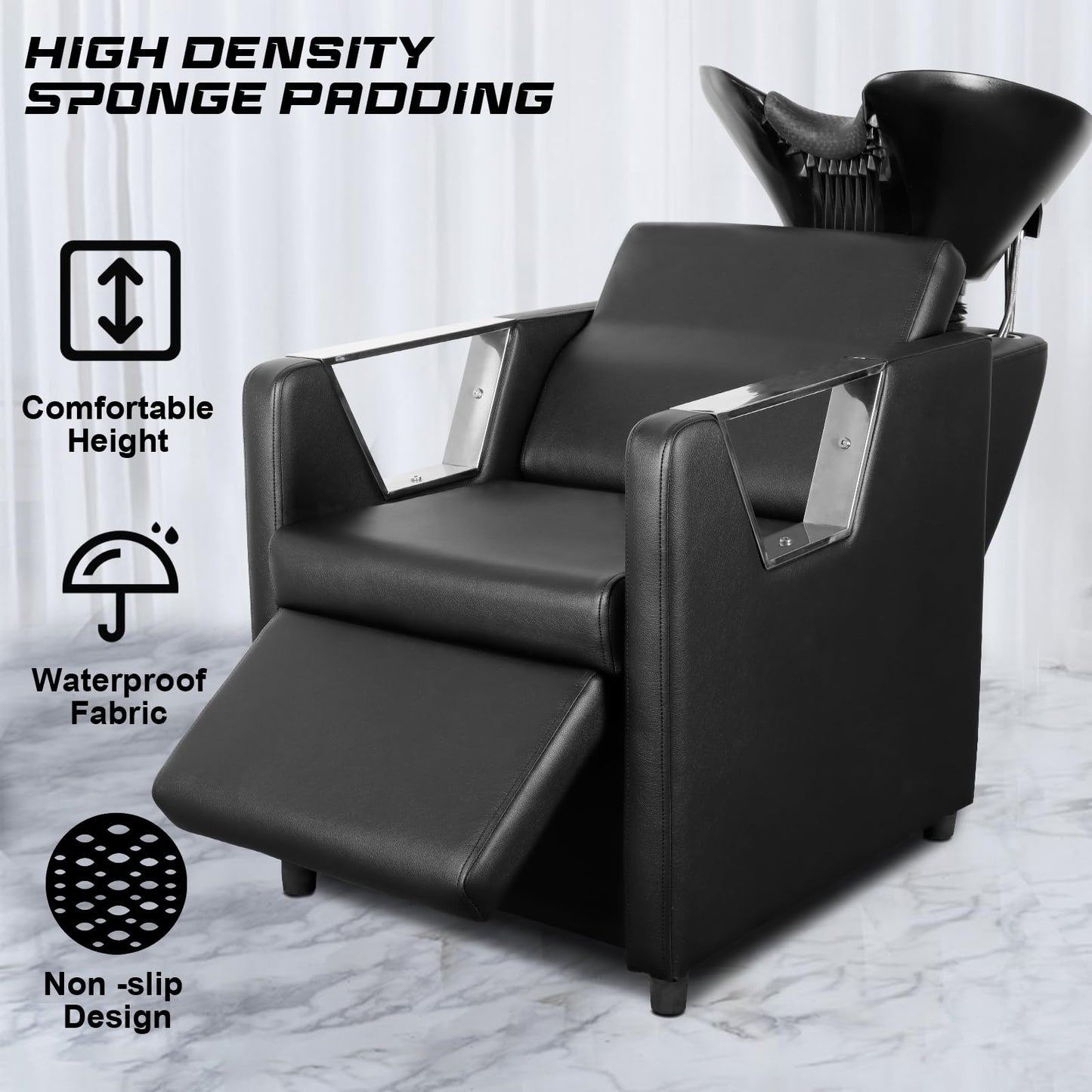 Black Polar Aurora Backwash Chair Adjustable ABS Plastic Shampoo Bowl Sink with Leg Support for Spa Beauty Salon