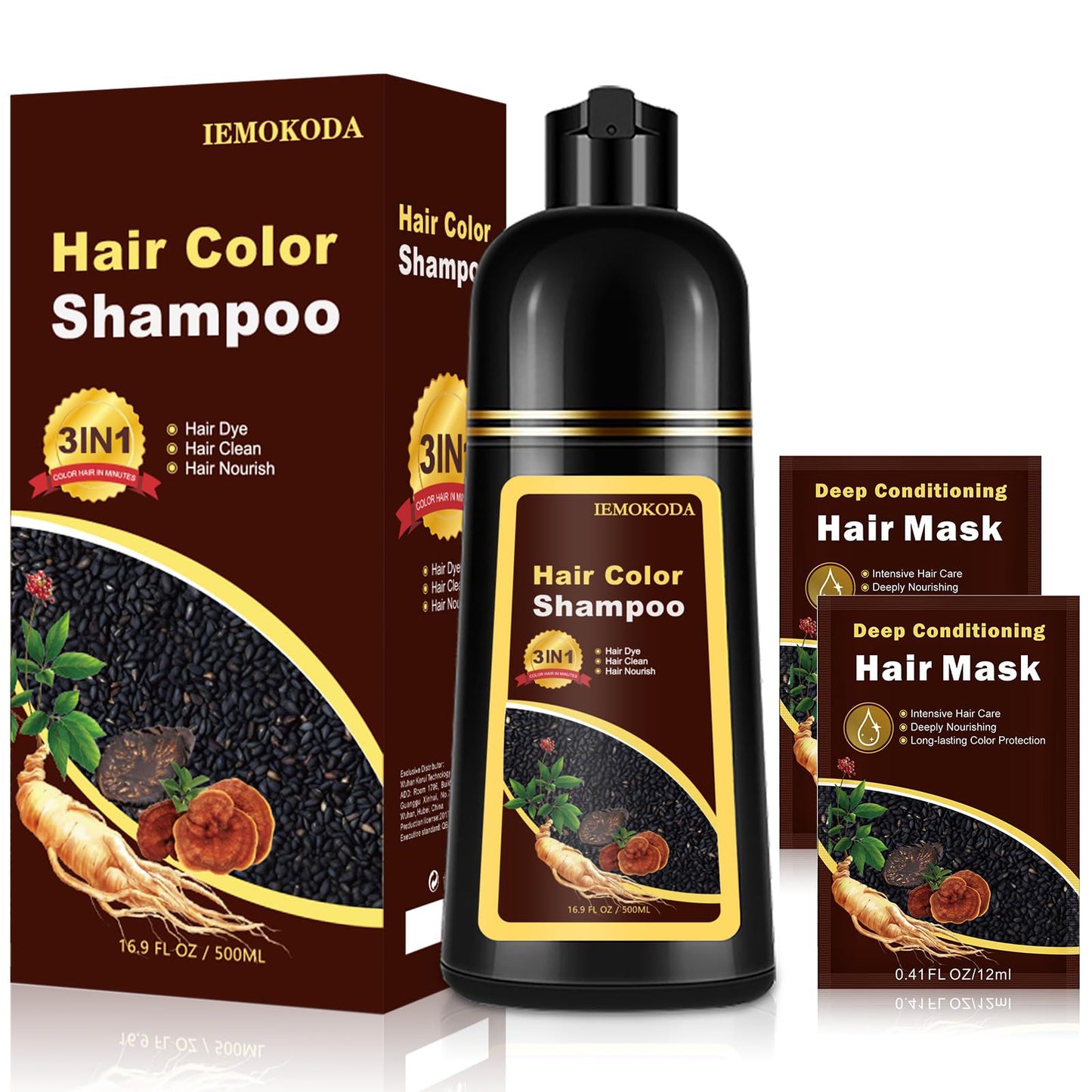 White Smoke Agthyuve 3-in-1 Black Hair Dye Shampoo for Women & Men, 16.9 Fl Oz Instant Hair Color Shampoo 100% Gray Coverage, Semi-Permanent Herbal Hair Dye, Gentle DIY Home Salon (Black)