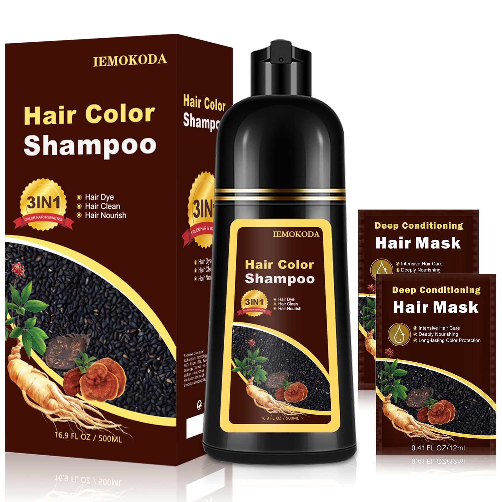 White Smoke Agthyuve 3-in-1 Black Hair Dye Shampoo for Women & Men, 16.9 Fl Oz Instant Hair Color Shampoo 100% Gray Coverage, Semi-Permanent Herbal Hair Dye, Gentle DIY Home Salon (Black)