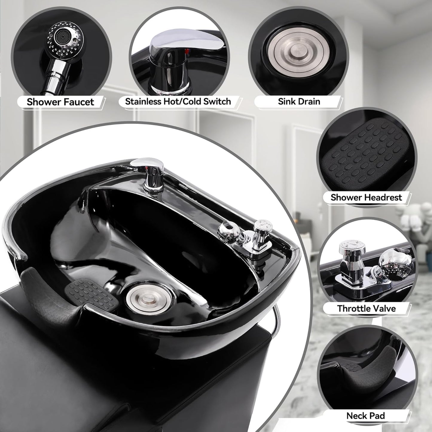 Black Shampoo Stations for Salon, Backwash Chair with Ceramic Bowl, Backwash Shampoo Unit with Foot Pedal, Sink Chair Station, Hair Washing Station for Barbershop (Black)
