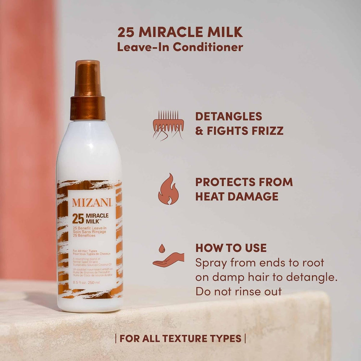 Gray Mizani 25 Benefit Miracle Milk - Leave in Conditioner for Curly Hair, With Coconut Oil, Curl Detangler Spray, Anti Frizz Heat Protectant, No Drying Alcohols, Paraben-Free