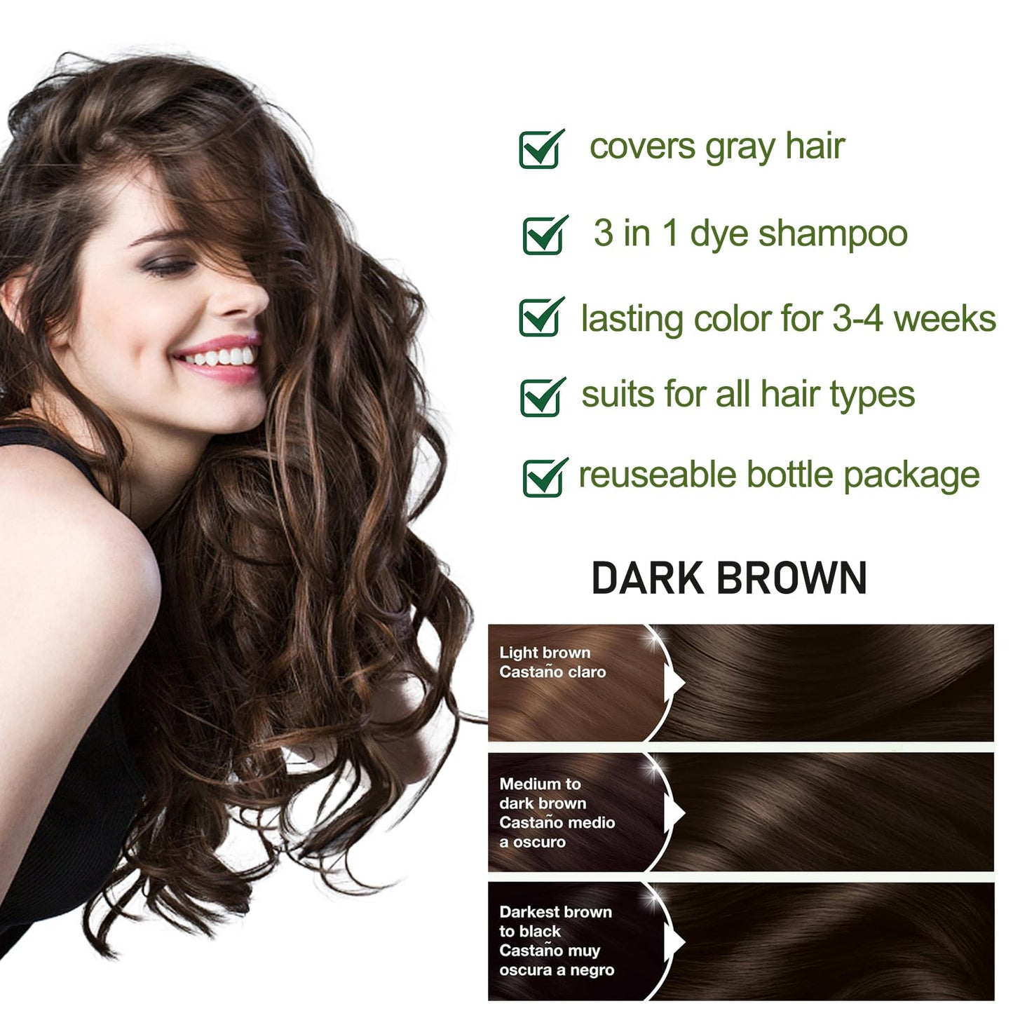 White Smoke Fvquhvo Natural Instant 3 in 1 Hair Color Dye Shampoo for Gray Hair - Men & Women, Long Lasting Dark Brown