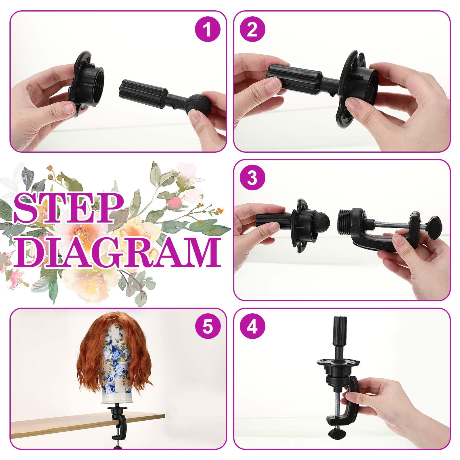 White Smoke DoubleFill 2-Piece Mannequin Heads for Wigs - 22 Inch Canvas Wig Heads with Mount Hole Pins & 2 C Clamp Stand Holder for Lace Wig Making & Display (Floral)