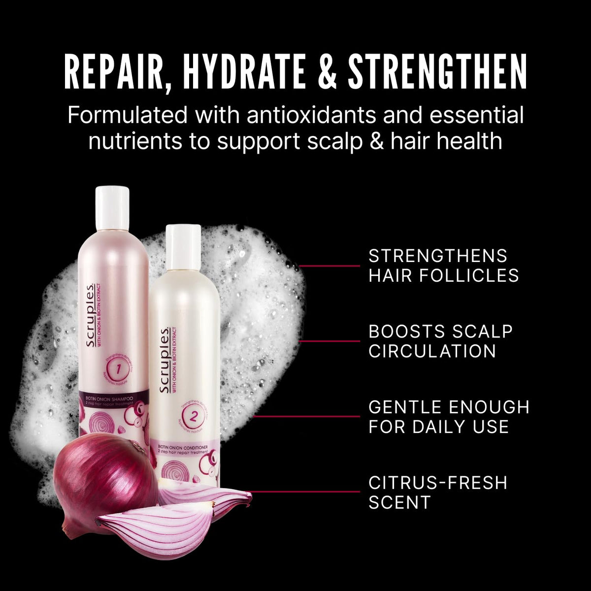 Black Scruples Biotin Onion Shampoo and Conditioner Bundle - Hair Growth Shampoo & Conditioner for Women to Strengthen & Hydrate - Made with Onion Extract & Biotin to Help Promote Growth (2 Pack)