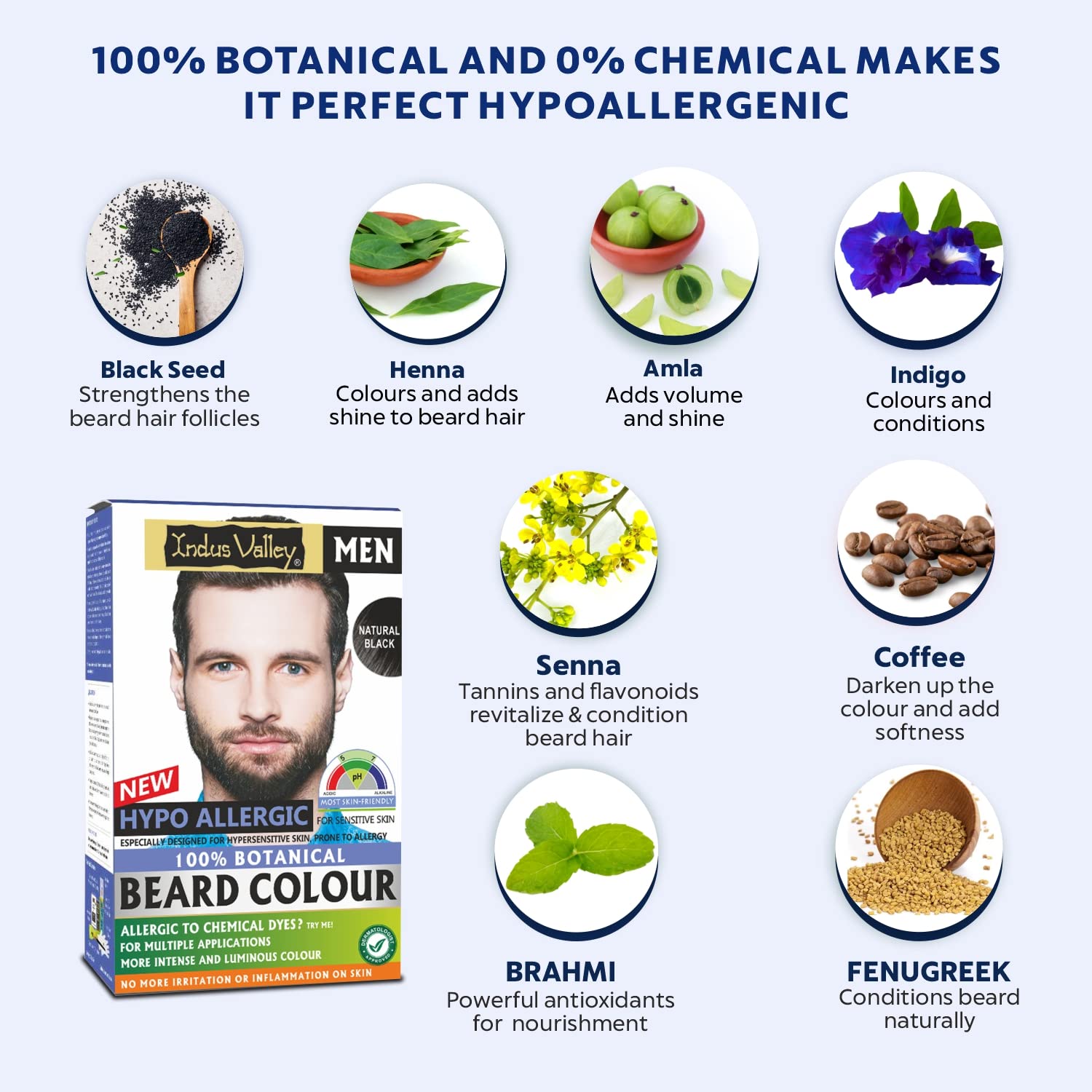 Lavender Indus Valley 100% botanical Hypo Allergic Beard Color for Men, Men's Natural Beard Hair Coloring Kit, Amonia & PPD Free Made up of 8 Organic Ingredients, Vegan Free (100g+ 15ml)(Black)