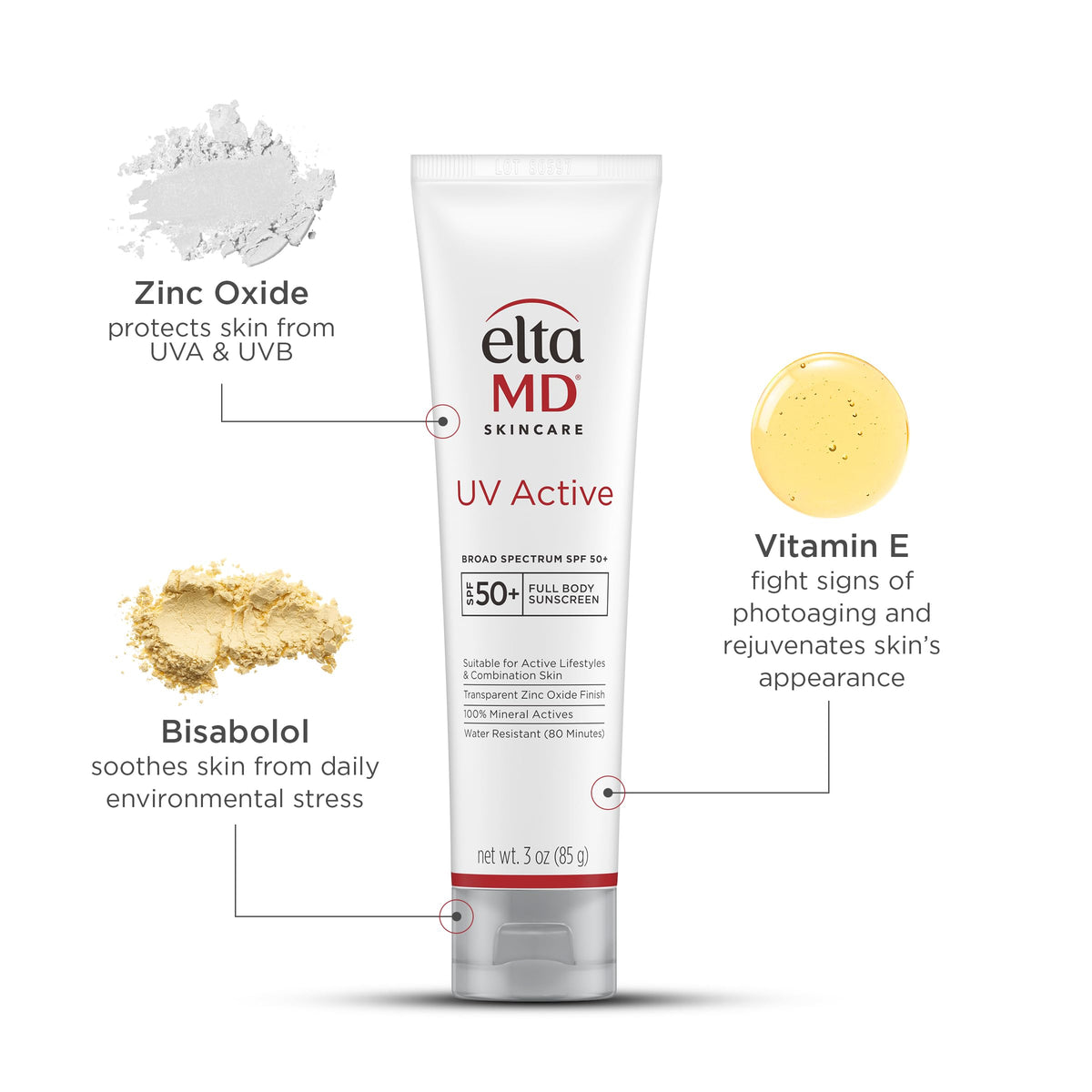 White Smoke EltaMD UV Active 100% Mineral Sunscreen with Zinc Oxide, SPF 50+, 3 oz