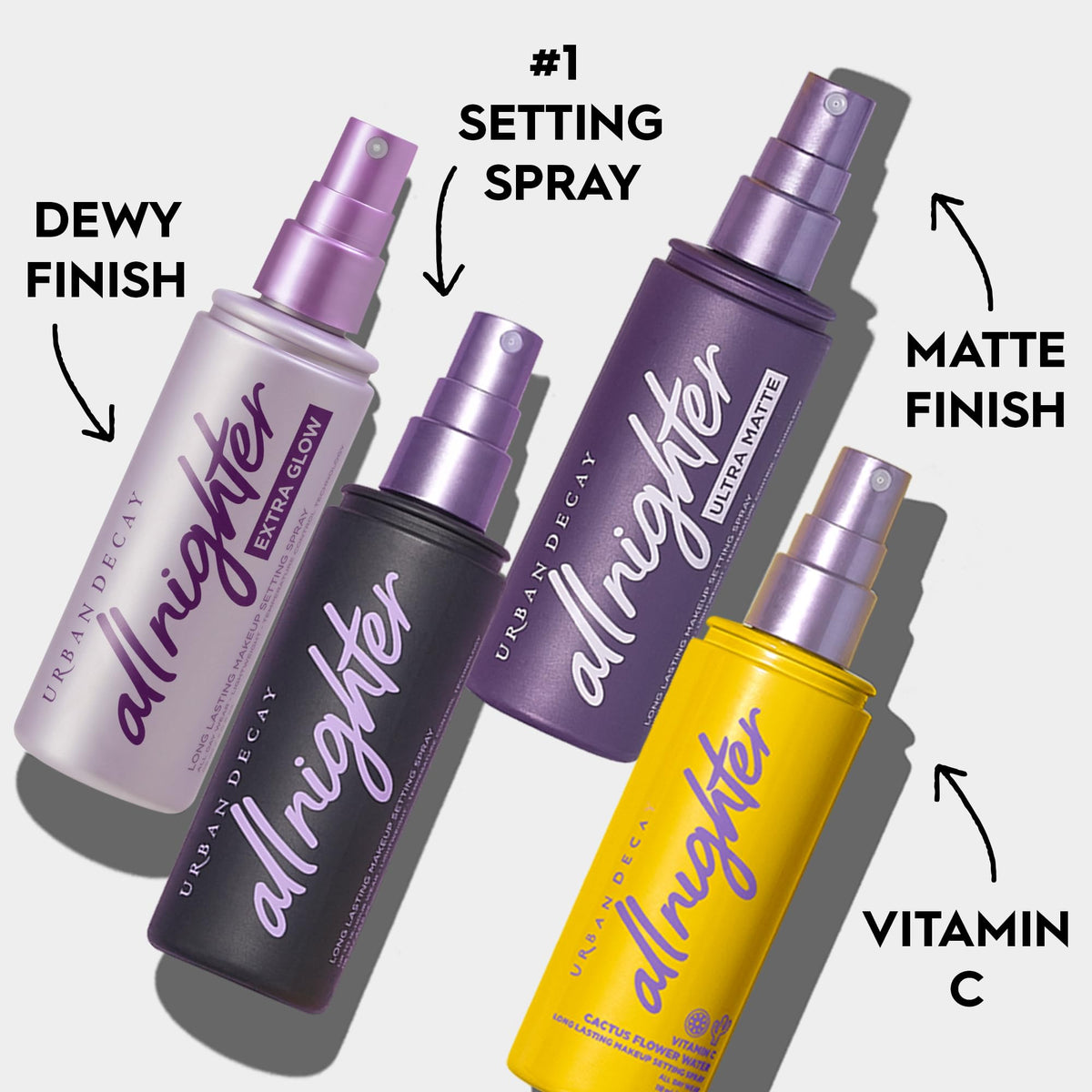 Lavender Urban Decay All Nighter Vitamin C Hydrating Makeup Setting Spray for Face (Travel Size), Transfer-Resistant, Waterproof, 16 HR Wear, Vitamin C & Cactus Flower Water, Illuminated Finish - 4 fl oz