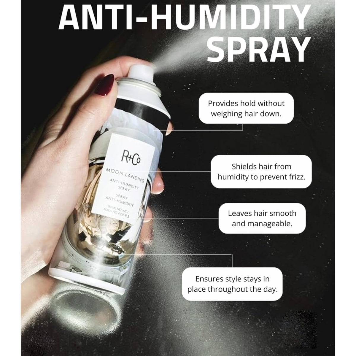Black R&Co Moon Landing Anti-Humidity Spray, Frizz Control, 1.7oz