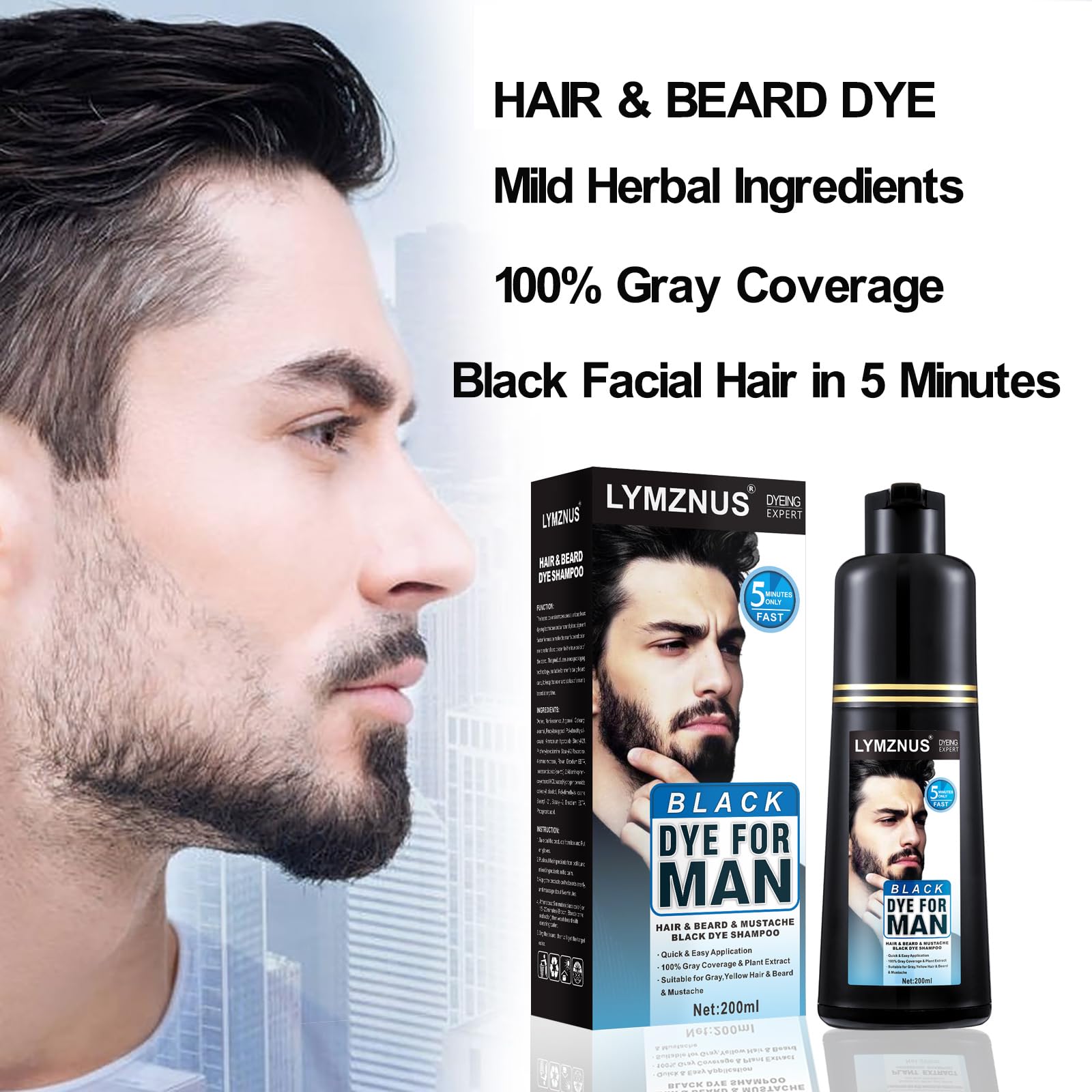 White Smoke Men's Mustache & Beard Dye for Gray Hair Coverage - Natural Black Color in 5 Minutes, Easy Application Shampoo for Facial Hair 200ml