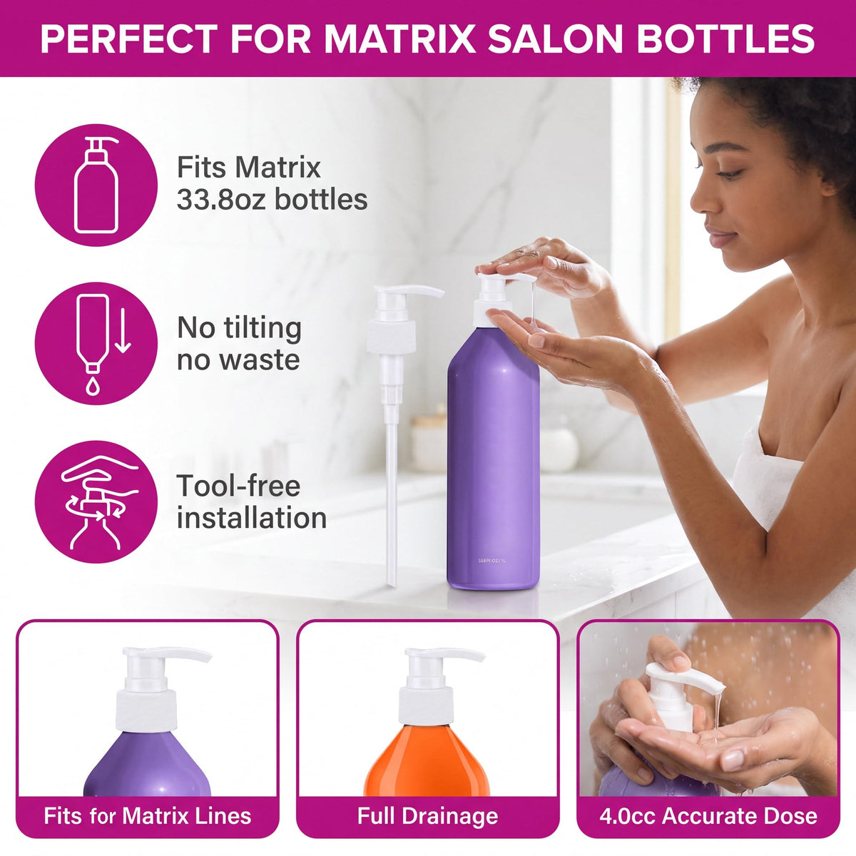 White Smoke 2 Packs Shampoo/Conditioner Pump Compatible with Matrix 1 L/33.8 Fl Oz Bottles, Dispensing Liter Pump for Matrix Food for Soft Pumps Purple Bottles Liter Pumps Dispenser