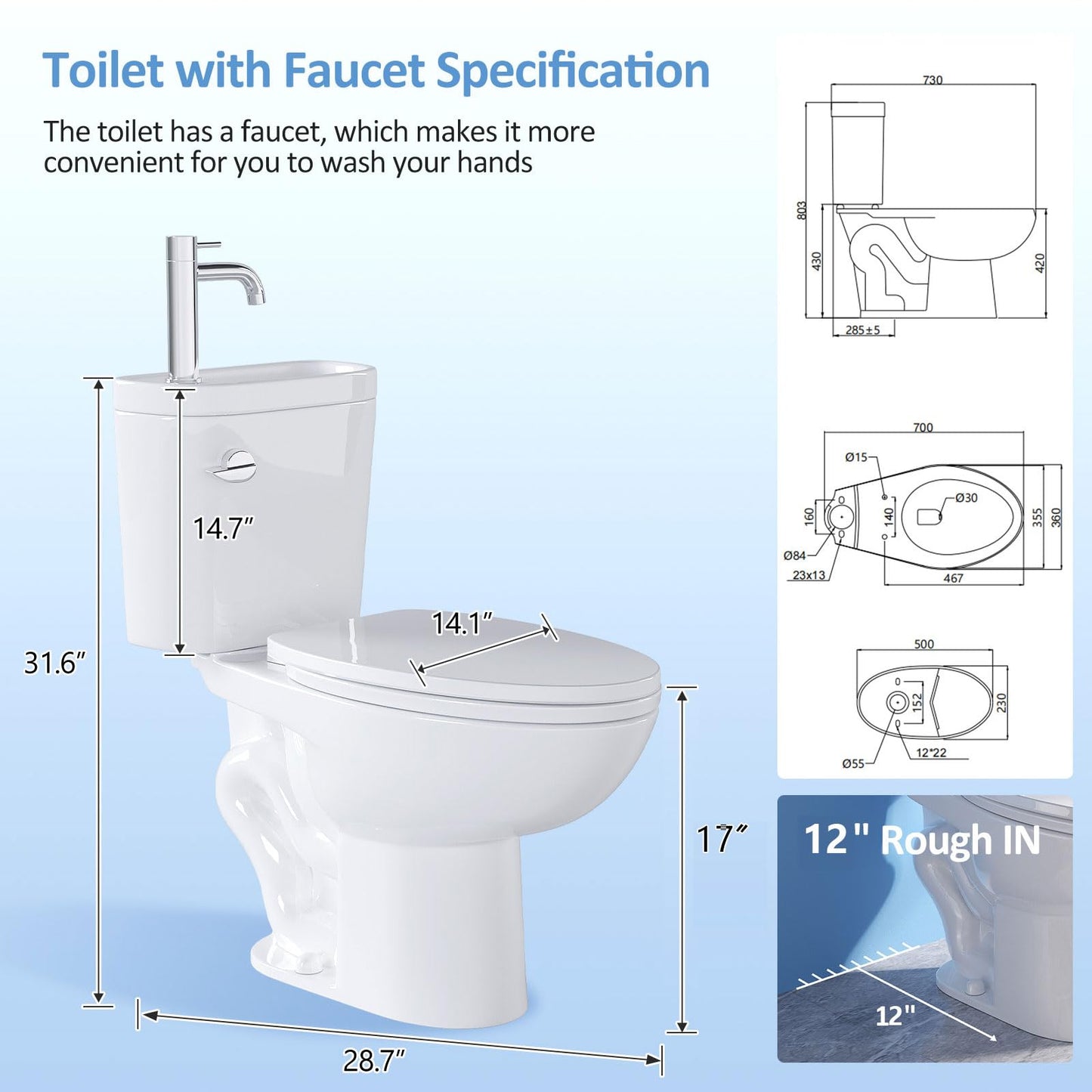 White Smoke Simple Project Modern Elongated Toilet with Sink, 3-IN-1 Faucet Toilets with 12 Inch Rough IN & 1.28 GPF Single Flush, 17 Inch Tall Toilet Sink Combo for Small Bathrooms (Include Faucet)