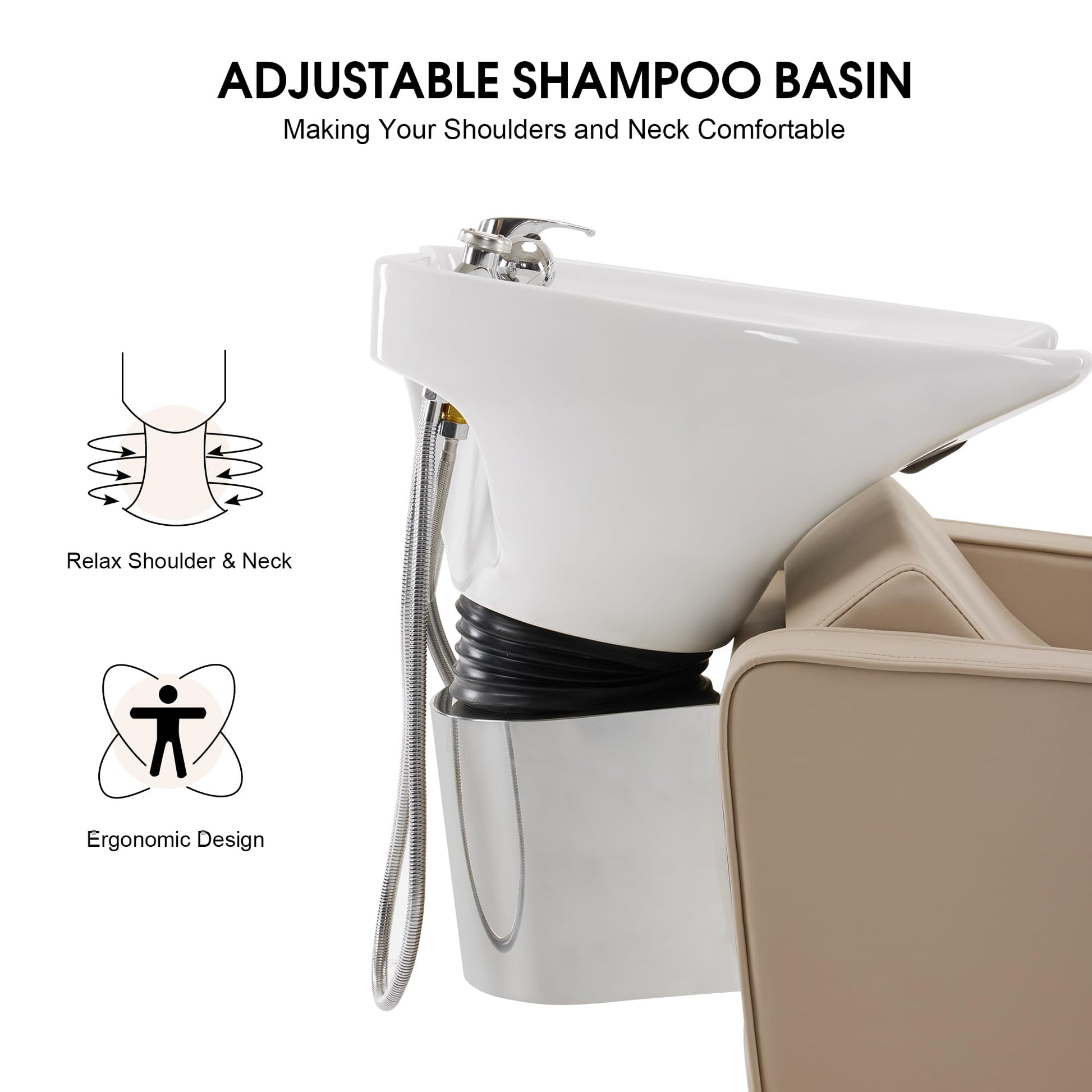 White Smoke BarberPub Backwash Shampoo Station Chair, Adjustable Porcelain Ceramic Hair Wash Bowl Sink Unit Station, Reclining Shampoo Station Chair for Spa Beauty Salon Hair Salon Equipment 9303 (Beige)