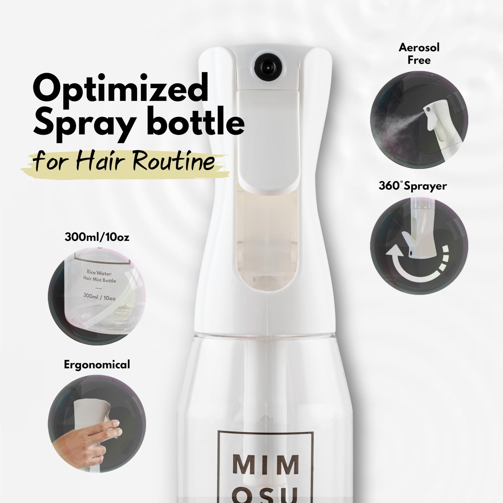 White Smoke mimosu Continuous Mist Spray Bottle, 10oz – Refillable Sprayer for Hair Styling, Salon, Rice Water DIY, Curly Care Product