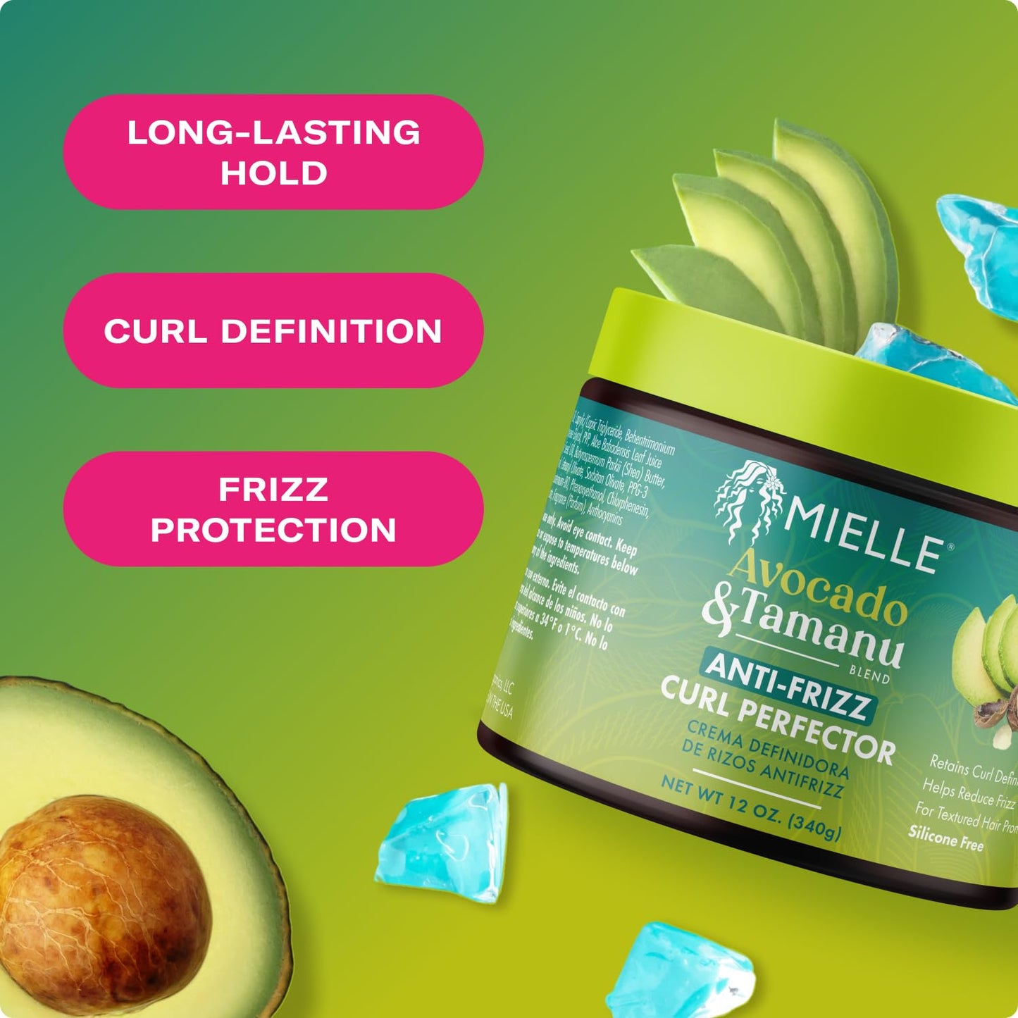 Olive Drab Mielle Organics Avocado & Tamanu Anti-Frizz Curl Cream for Textured Hair - Smoothing & Defining Cream to Lock In Moisture & Enhance Shine - Curly Hair Styling Products for Women & Men, 12oz