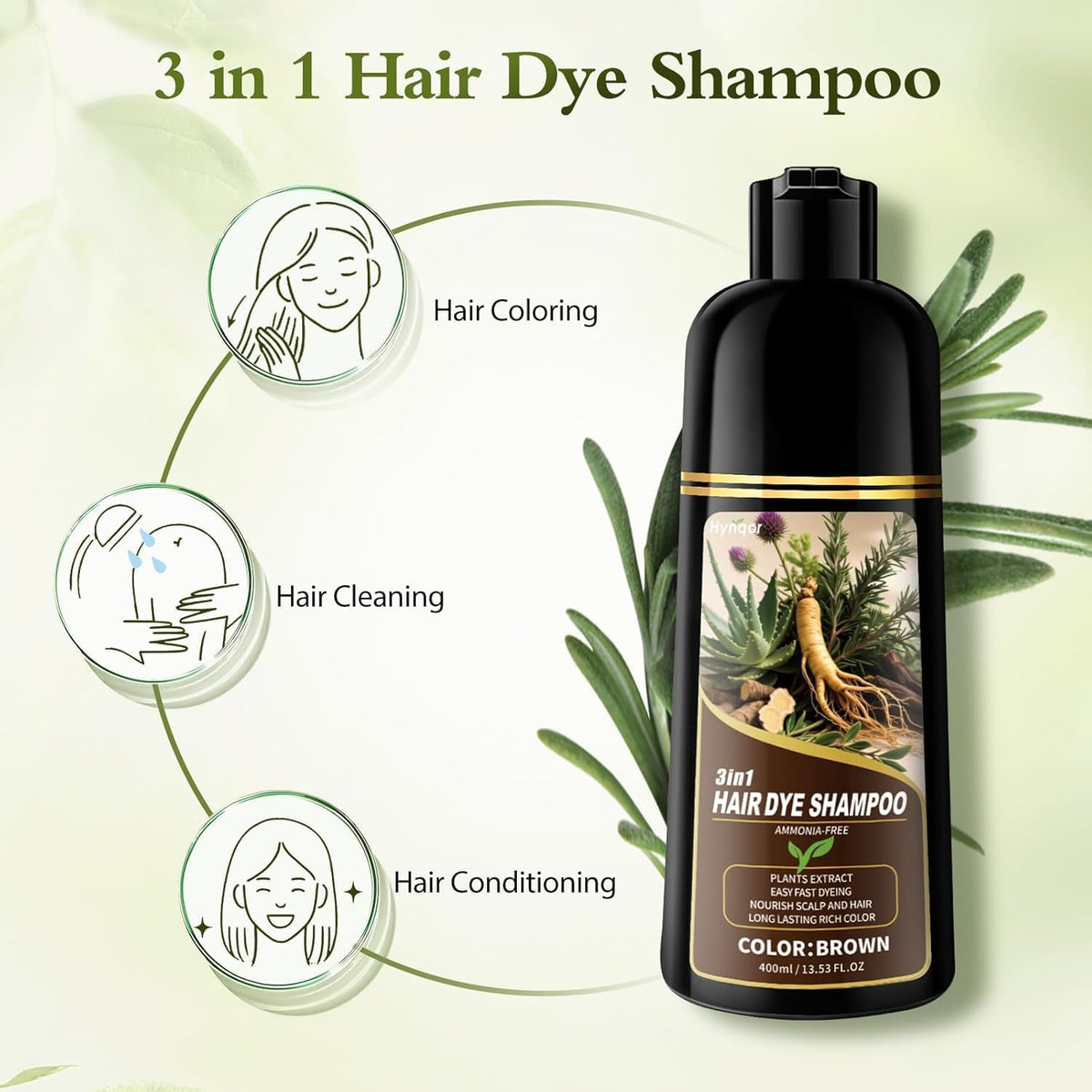 Seashell Hynqor Brown Hair Dye Shampoo for Women Men Gray Hair Coverage Ammonia Free