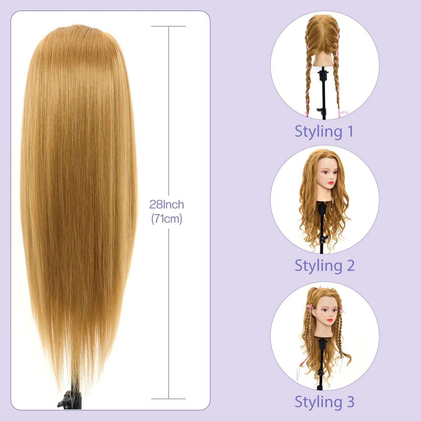 White Smoke Mannequin Head with 90% Real Human Hair - 28 Inch Makeup Cosmetology Manikin Doll Head for Hair Styling, Training Practice Braiding Mannequin Head with False Eyelashes Hair Styling Set