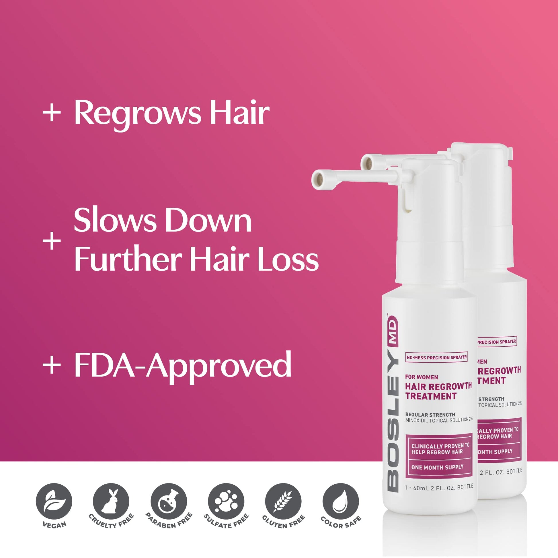 Maroon BosleyMD 2% Minoxidil Spray, Thinning Treatment/Hairspray for Hair Loss and Hair Regrowth for Women, Topical Solution, No Mess Sprayer, 2-Pack, 2-month Supply