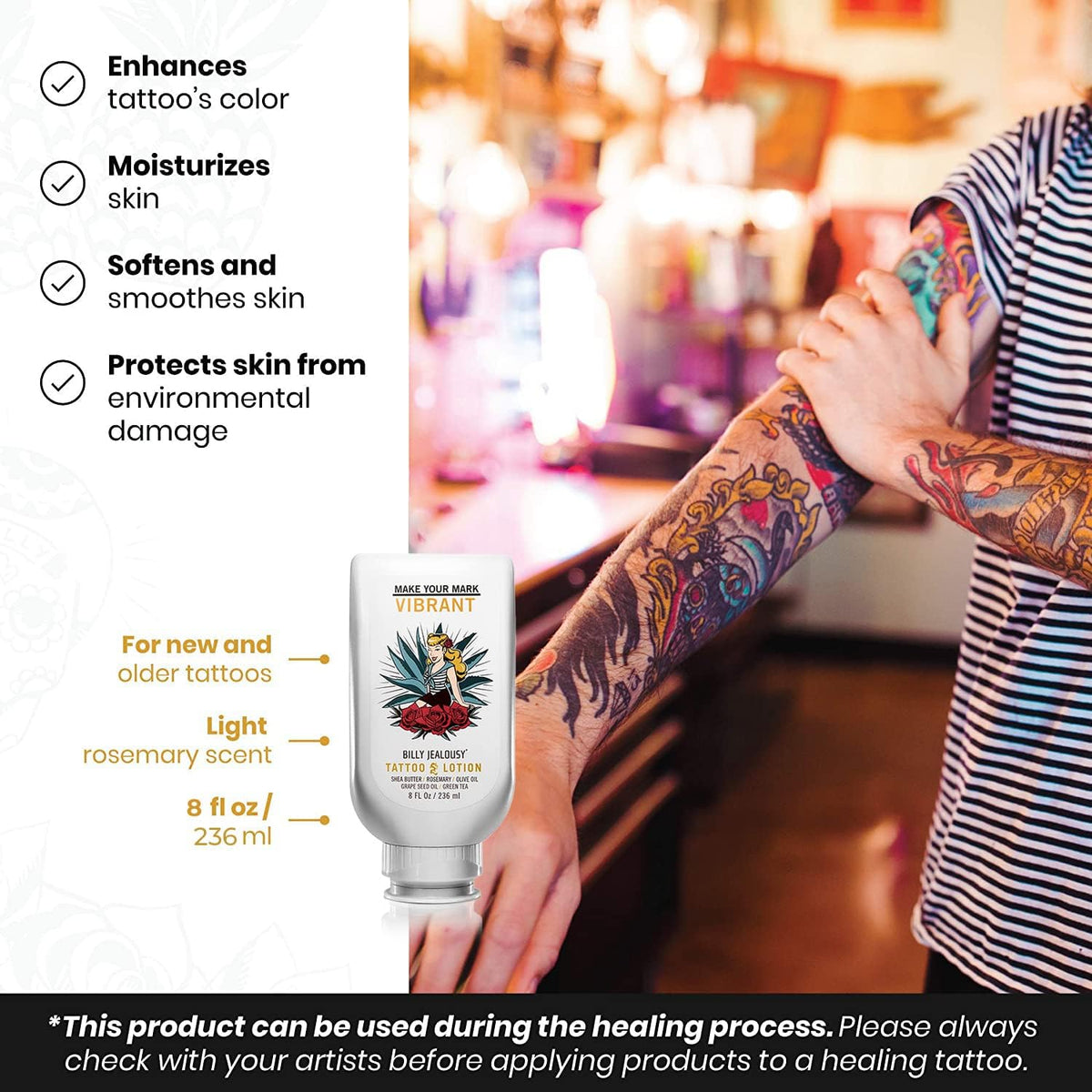 White Smoke Billy Jealousy Tattoo Lotion for All Skin Types Formulated with Shea Butter, Essential Oils & Green Tea Leaf Extract, Tattoo Aftercare that Nourishes, Brightens & Soothes, 8 Fl Oz