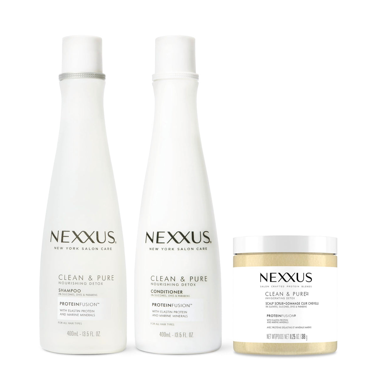 White Smoke Nexxus Clean & Pure Hair Regimen Pack Shampoo, Conditioner and Scrub Detox Hair Products Sulfate Free, Silicone free, Paraben Free 3 Count