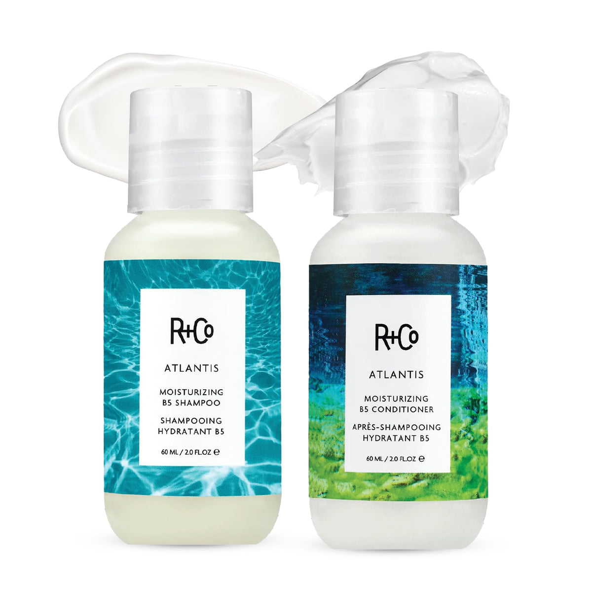 White Smoke R+Co Travel Size Shampoo and Conditioner