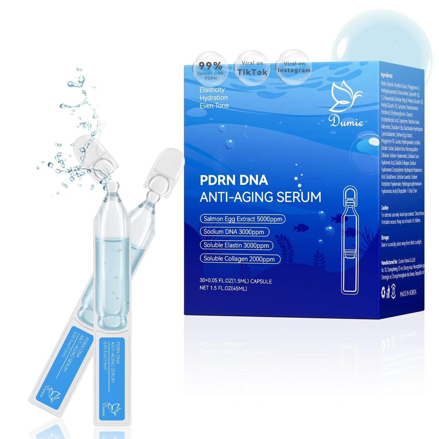 White Smoke Salmon DNA PDRN Anti-Aging Serum, 5000ppm Salmon Egg DNA Ampoule, 2000ppm Collagen, Glutathione, Niacinamide & 6 Hyaluronic Acids, Korean Skincare for Wrinkles & Radiance,0.05 fl.oz x 30e