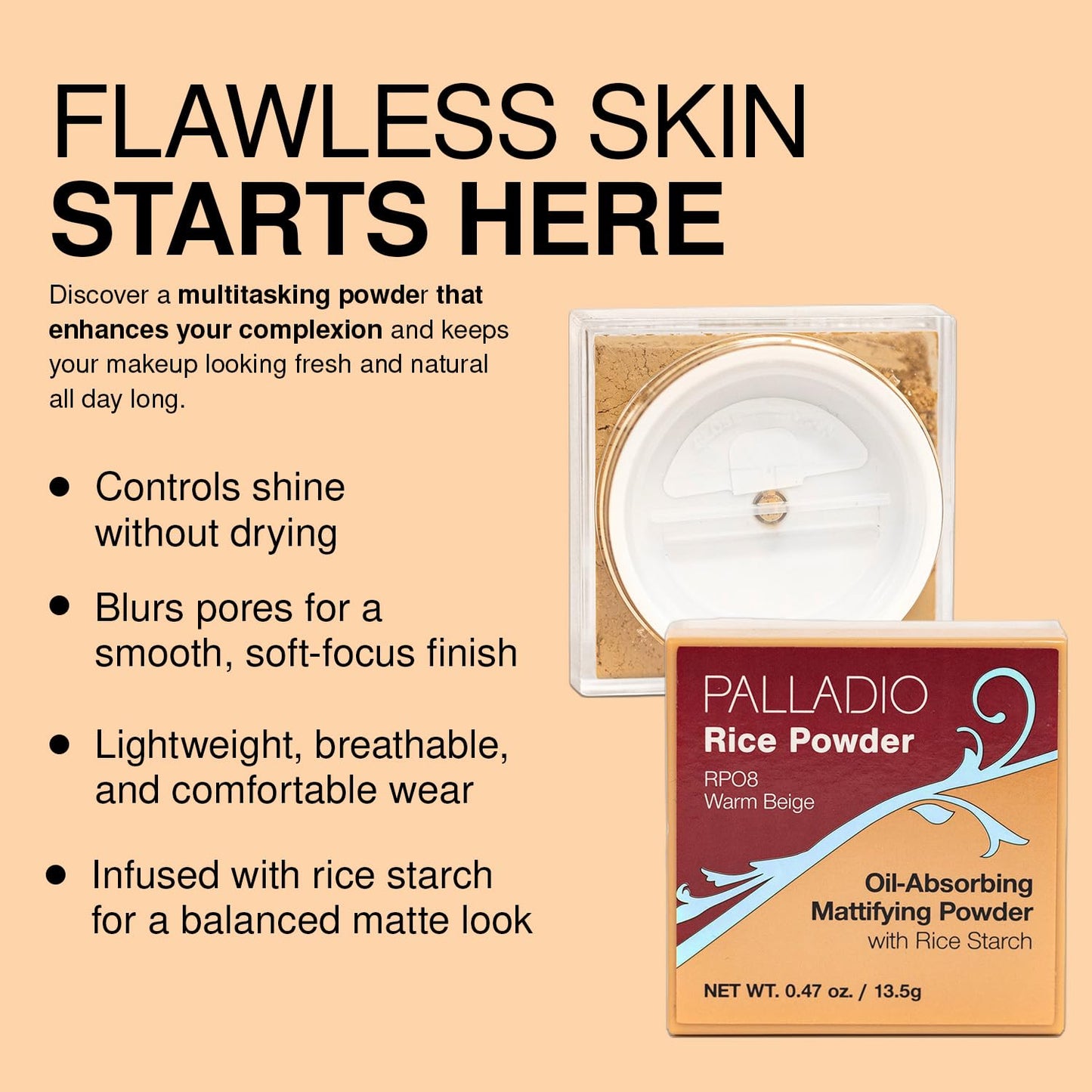 Navajo White Palladio Rice Powder Loose Setting Powder Absorbs Oil Leaves Face Looking and Feeling Smooth Helps Makeup Last Longer For a Flawless Fresh Look Pack, Translucent, 1 Count, (Pack of 3)