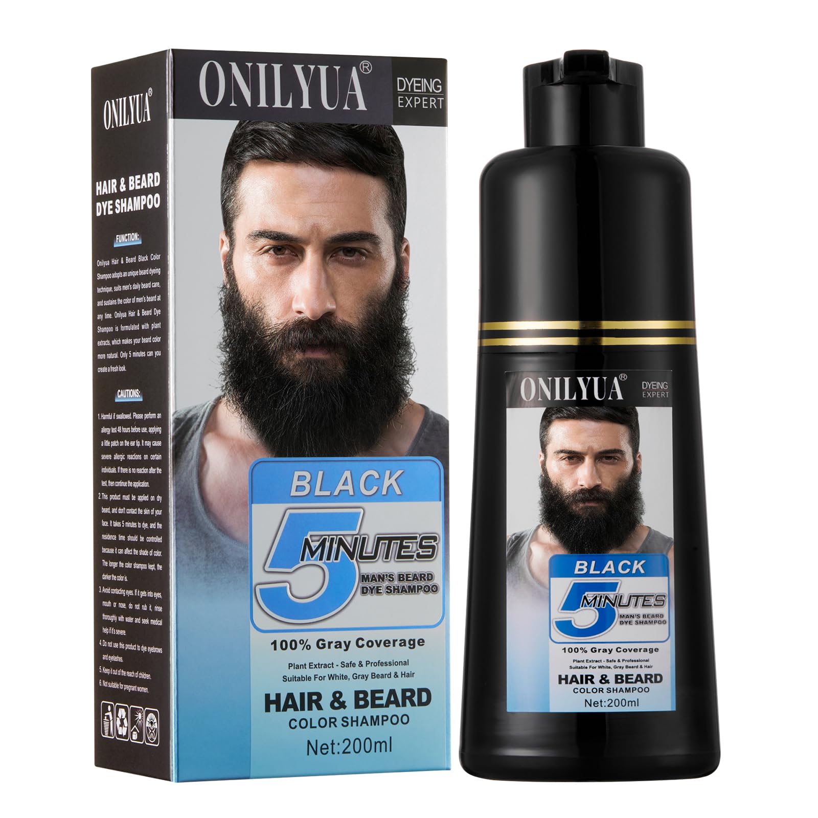White Smoke Men's Black Beard and Hair Dye Shampoo 3 in 1 - Long-Lasting Herbal Coloring for Gray Hair, Mustache & Beard in Minutes, 6.76 Fl Oz