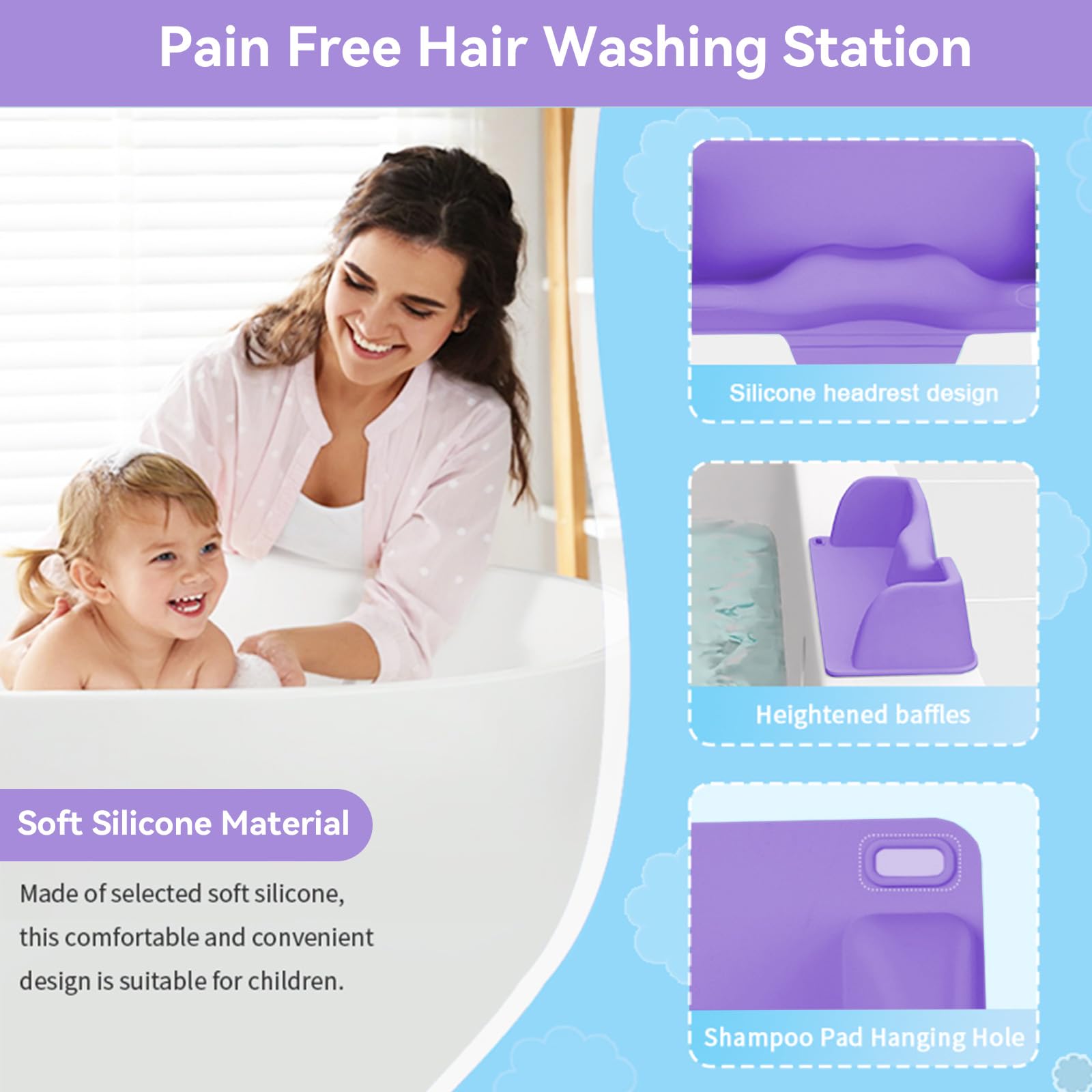 White Smoke Vurlexat Portable Hair Washing Station for Kids, Silicone Hair Wash Basin with Suction Rinse Cup, Tear-Free Shampoo Bowl with Absorbent Towel and Shampoo Massage Brush for Sink or Bathtub(Purple)