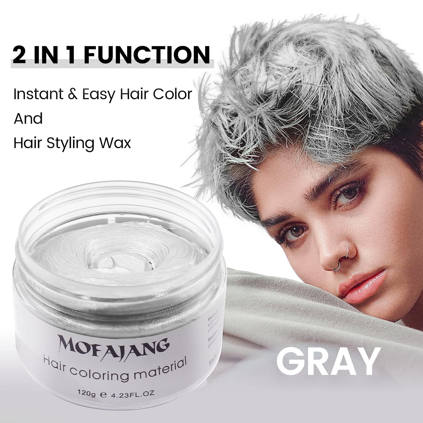 White Smoke Silver Grey Hair Wax Pomades 4.23 oz - Natural Hair Coloring Wax Material Disposable Hair Styling Clays Ash for Cosplay, Party (Silver Grey)