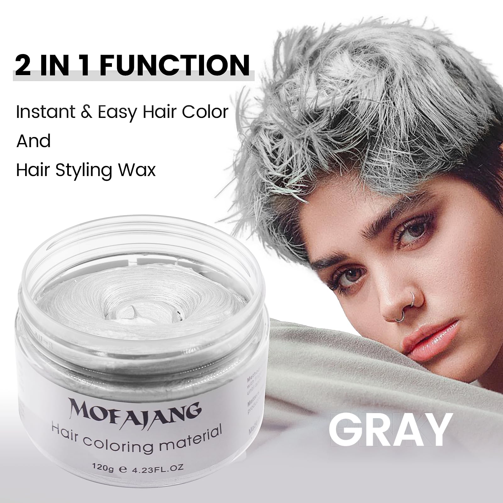 White Smoke Silver Grey Hair Wax Pomades 4.23 oz - Natural Hair Coloring Wax Material Disposable Hair Styling Clays Ash for Cosplay, Party (Silver Grey)