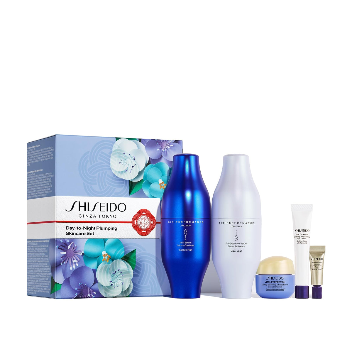 White Smoke Shiseido Day-to-Night Plumping Skincare Set - Bio-Performance Skin Filler Serums (30mL x2), Vital Perfection Advanced Cream (15mL), Eye Cream (5mL) & Intensive WrinkleSpot Treatment (2mL) - $375 Value